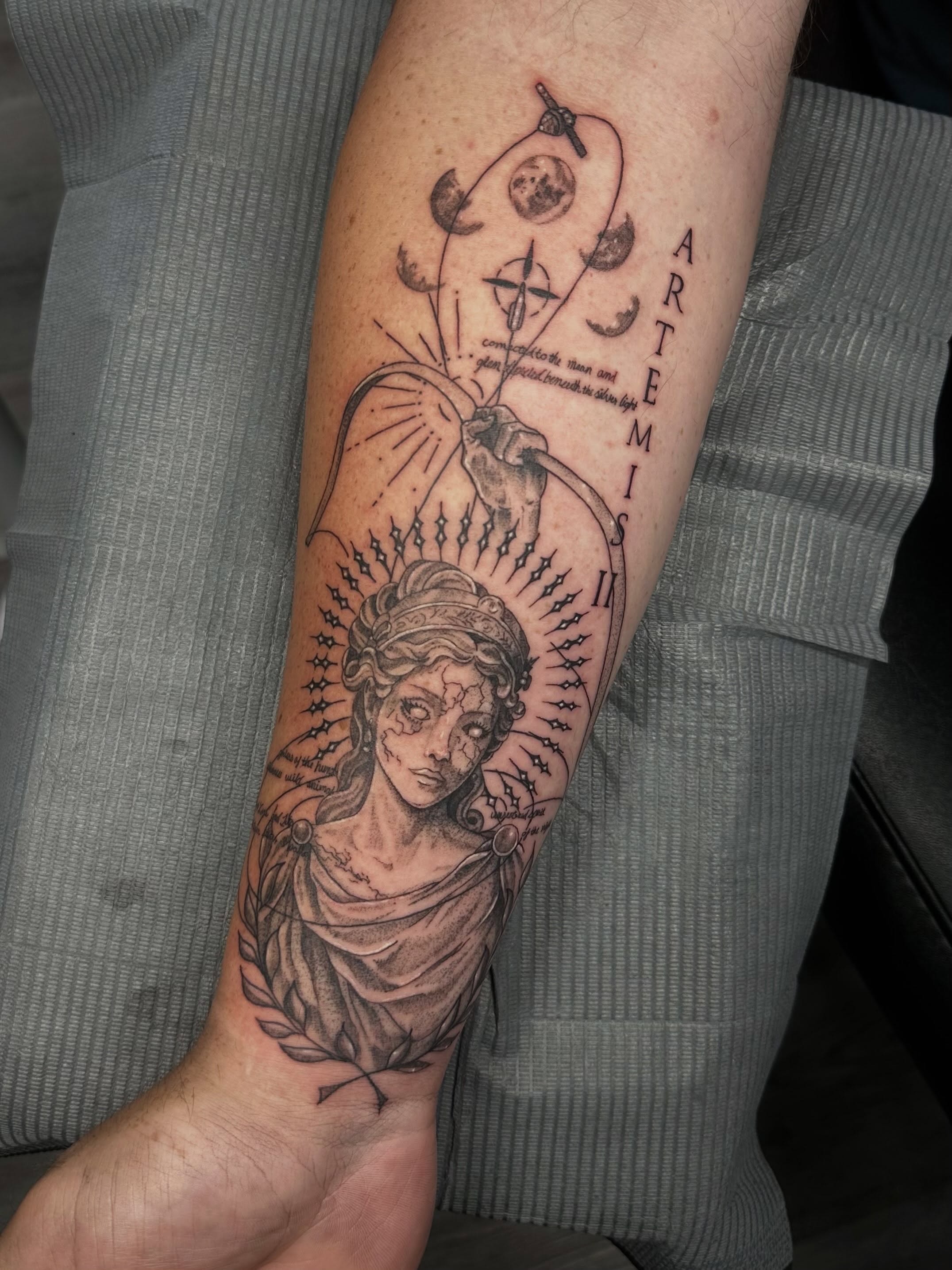 Artemis realism tattoo on the forearm by Maddie Neibert