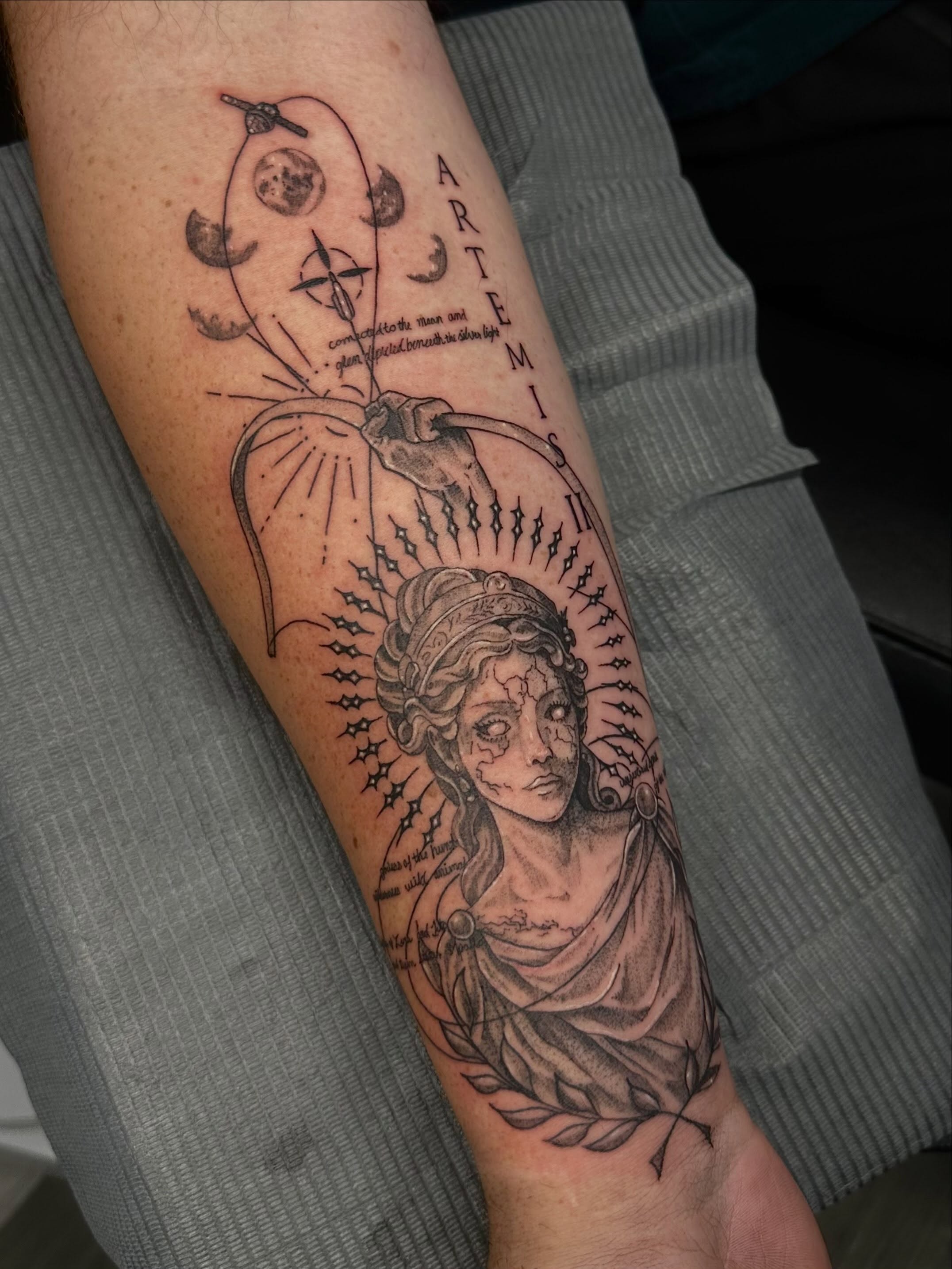 Artemis realism tattoo on the forearm by Maddie Neibert