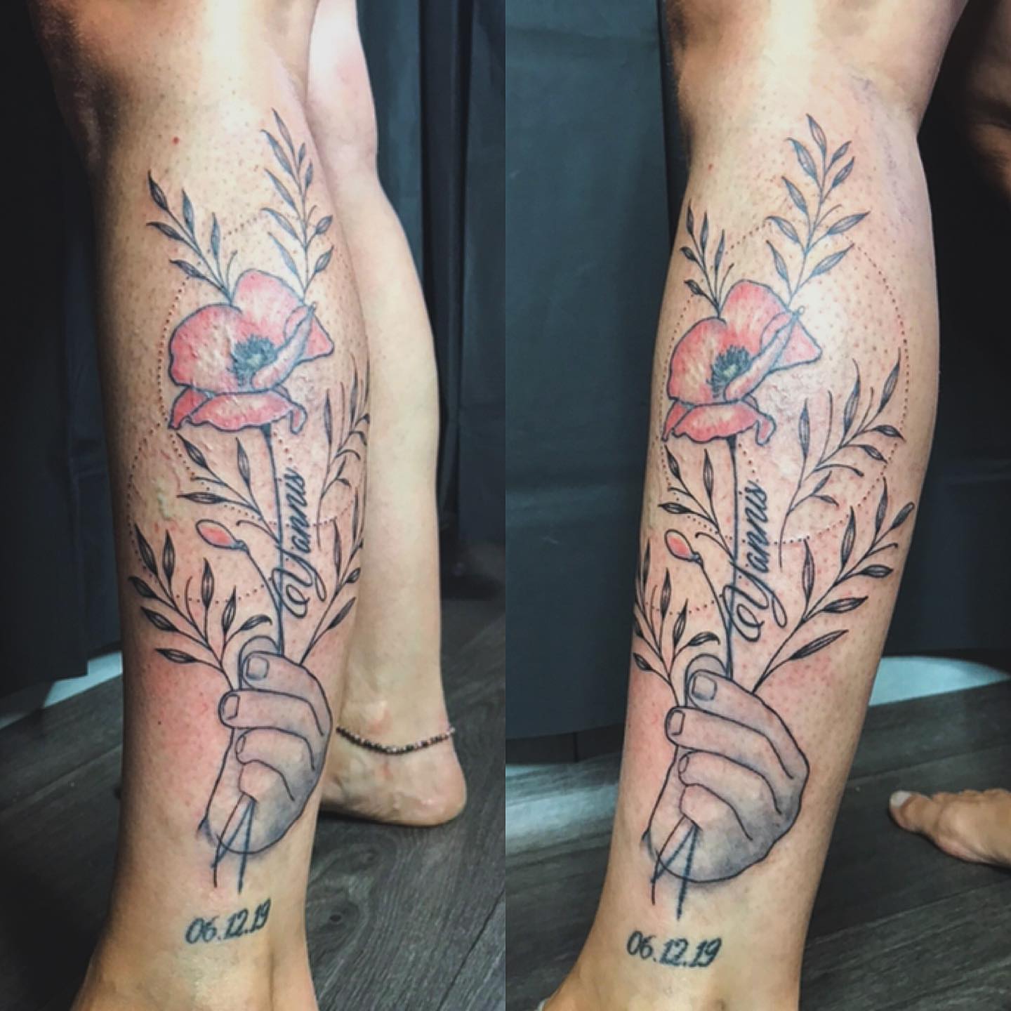 Poppy and hand dotwork tattoo on the calf by Moss Quito Tattoo