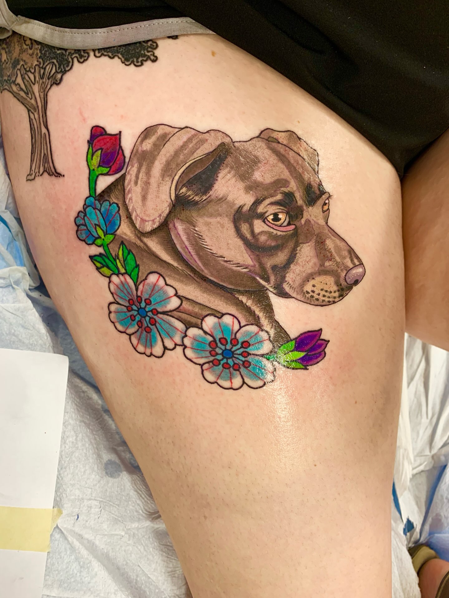 Dog with flowers realism tattoo on the thigh by El Kapitan