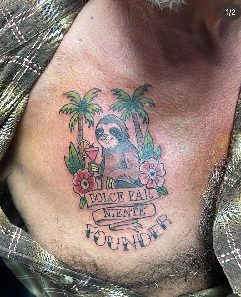 Sloth with cocktail new school tattoo on the chest by Mike Berry