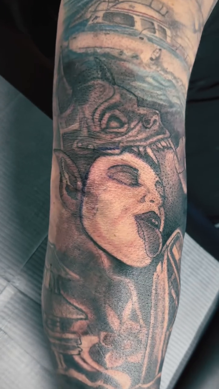 Tattoo by @leaveswithink — dark_realism, black_and_grey