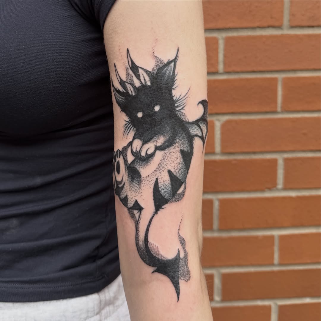 Cat dotwork tattoo on the forearm by Aiden Shaw