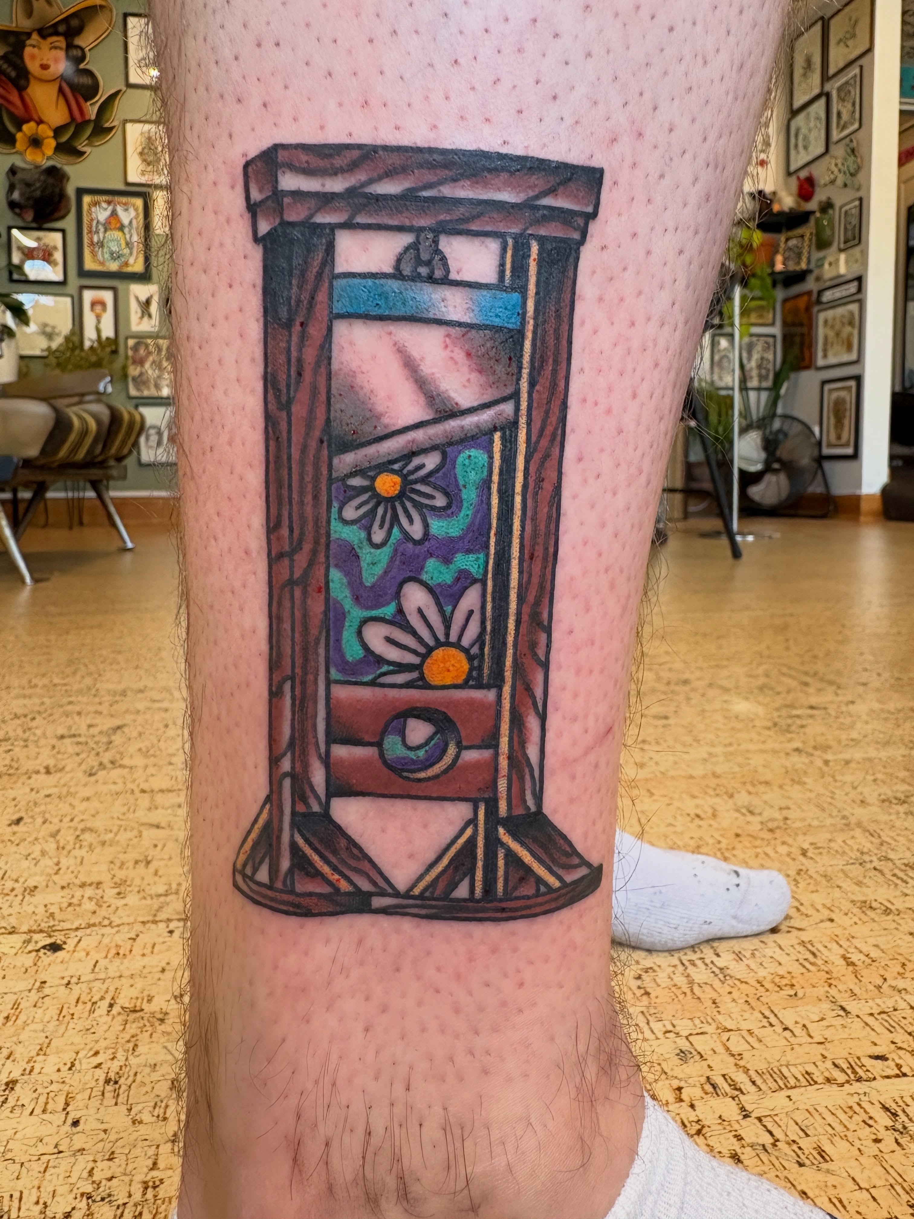 Guillotine geometric tattoo on the leg by Kimber Teatro, Portland, Oregon