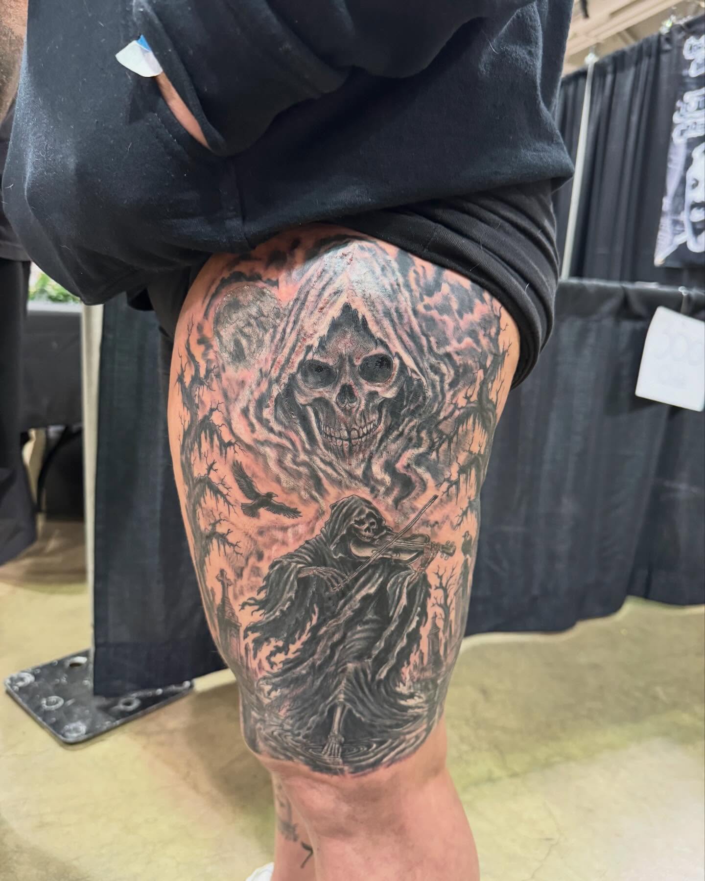 Grim reaper realism tattoo on the thigh by Brazun Locker Poloschan