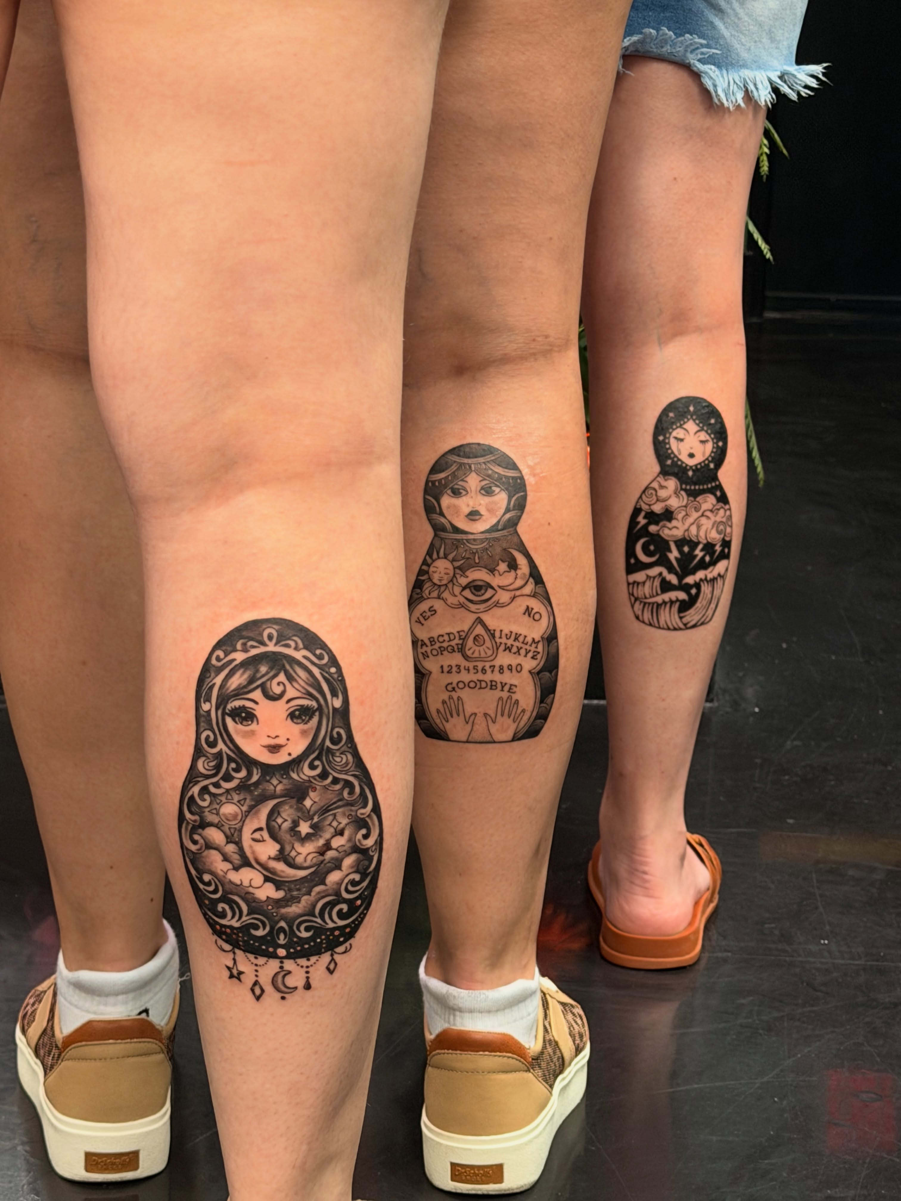 Matryoshka dolls realism tattoo on the leg by Lauren B