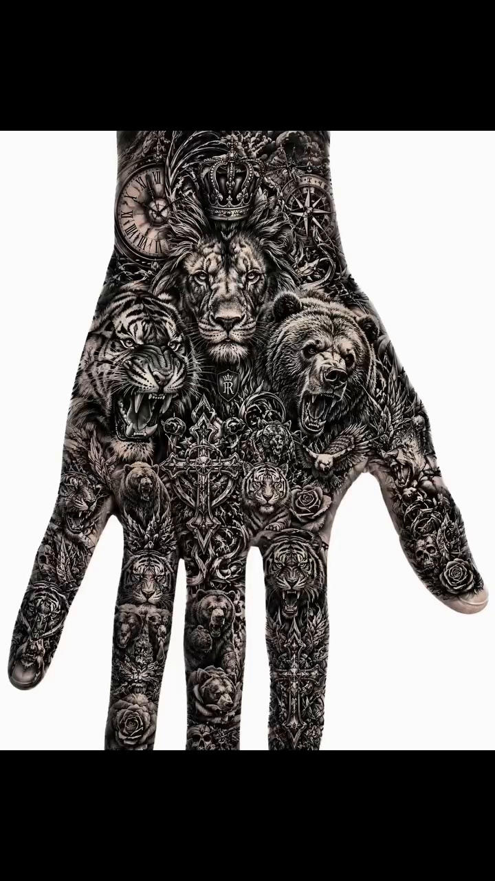 Animal collage blackwork tattoo by Rain David