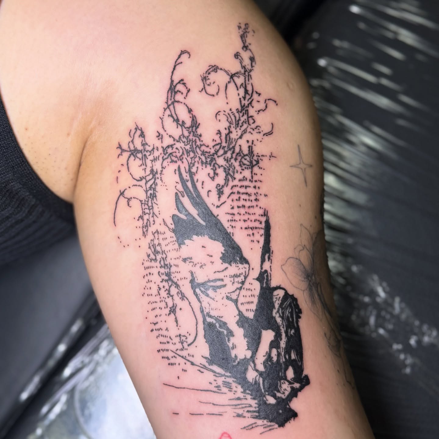 Deer and foliage dotwork tattoo on the forearm by 🌸Blossom🌸