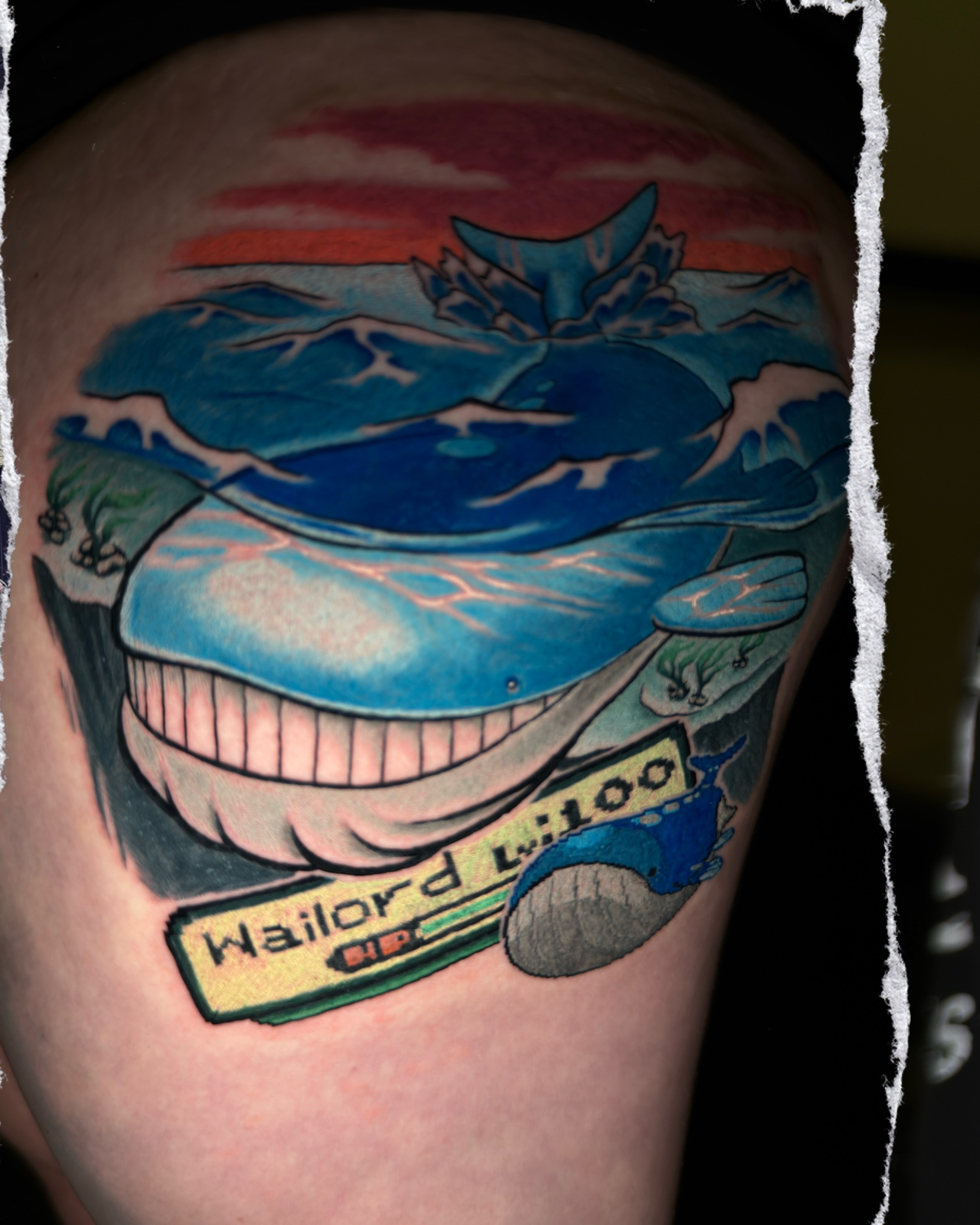 Whale American traditional tattoo on the thigh by Tracci King