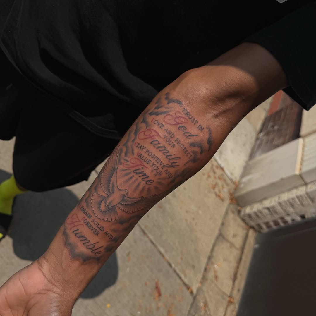 Family and faith American traditional tattoo on the forearm by Nina Nichole