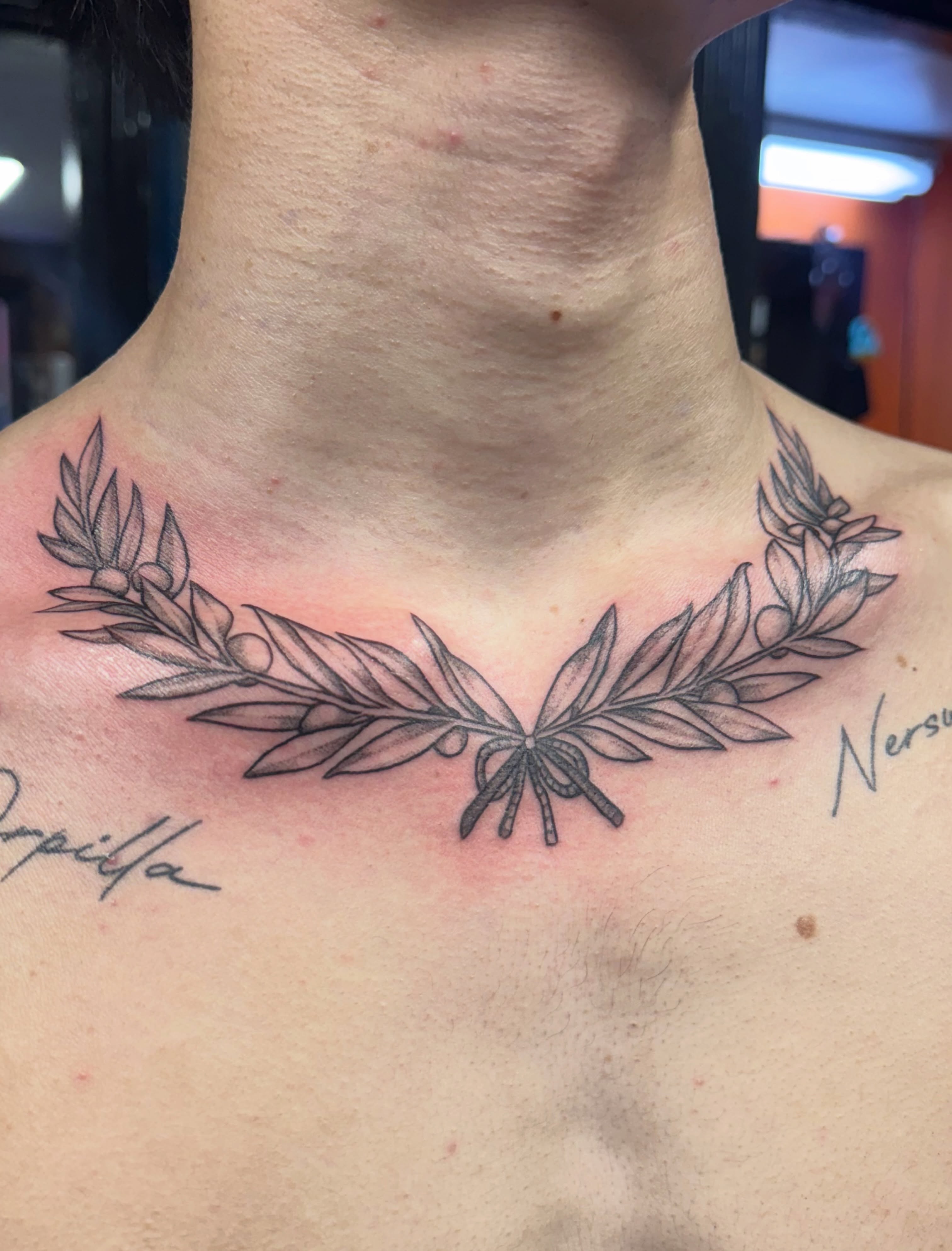 Olive branch black and grey tattoo on the neck by Shannon, Cincinnati, Ohio
