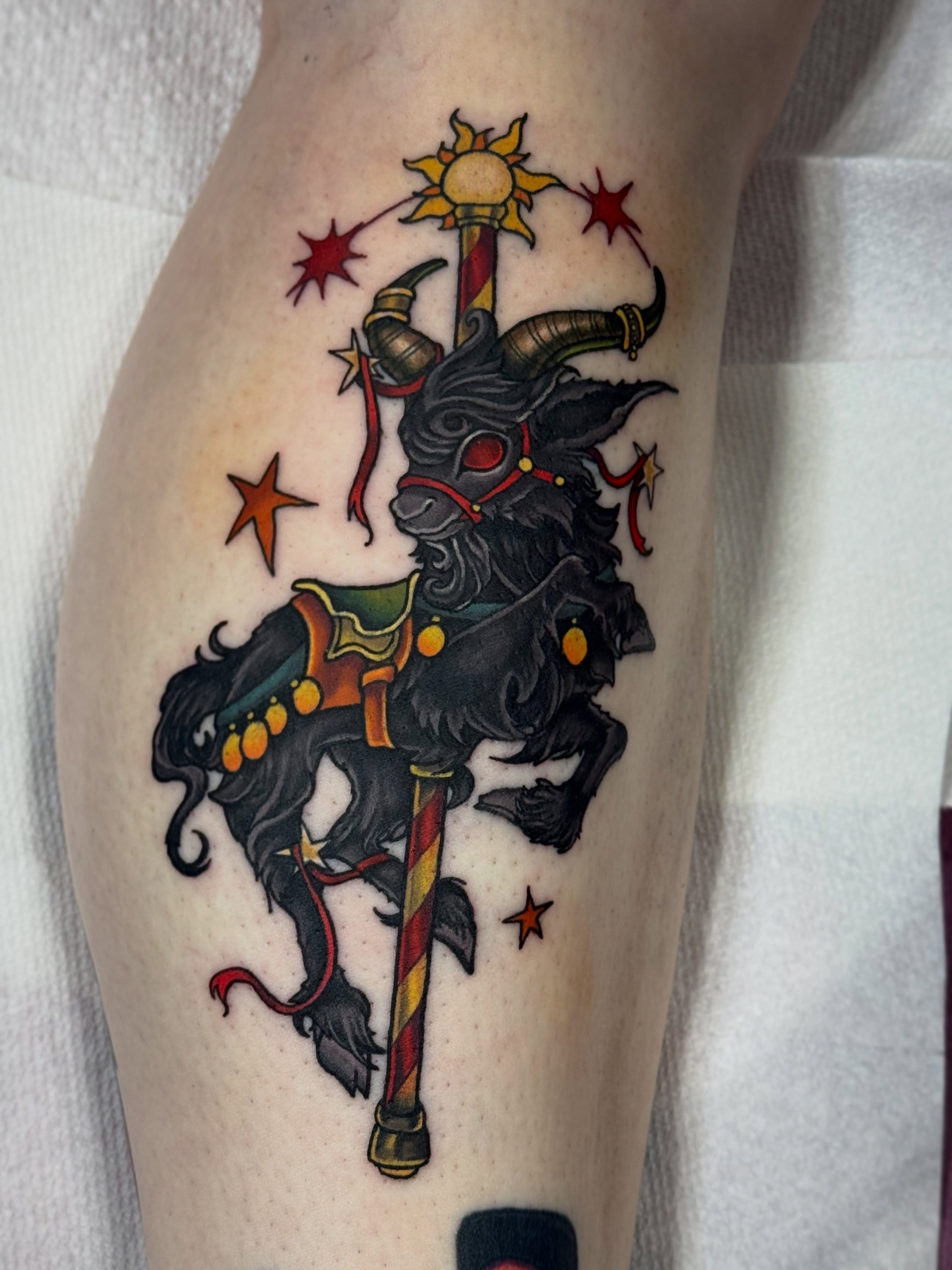 Goat on pole American traditional tattoo on the forearm by Alexandra Fische