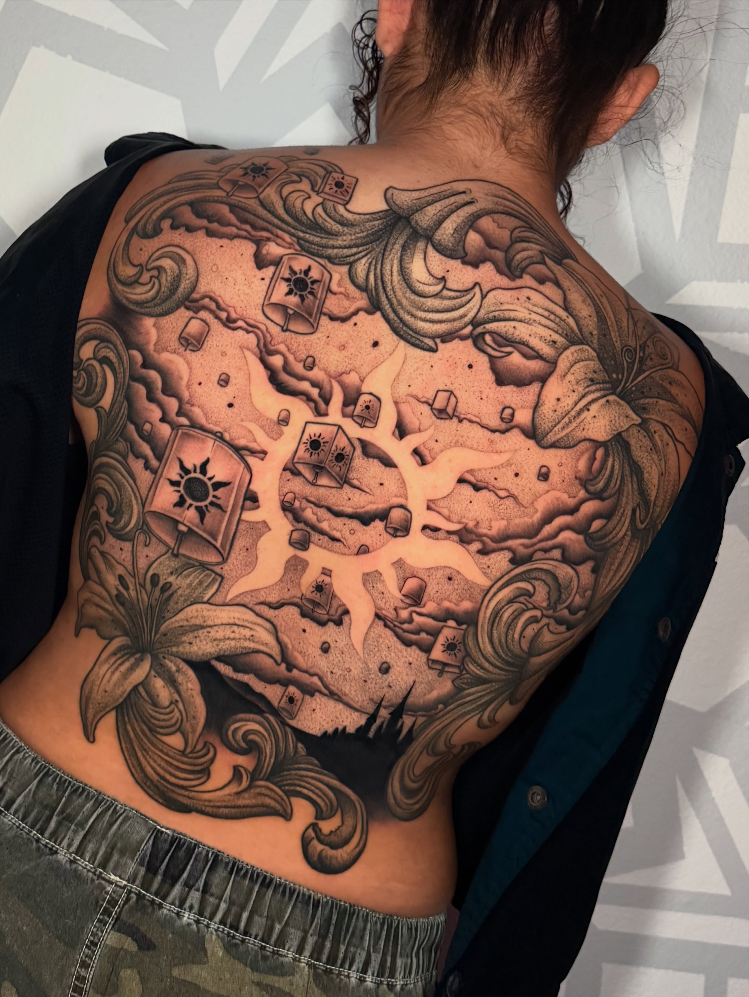 Abstract landscape dotwork tattoo on the back by Las Vegas Tattoo Artist