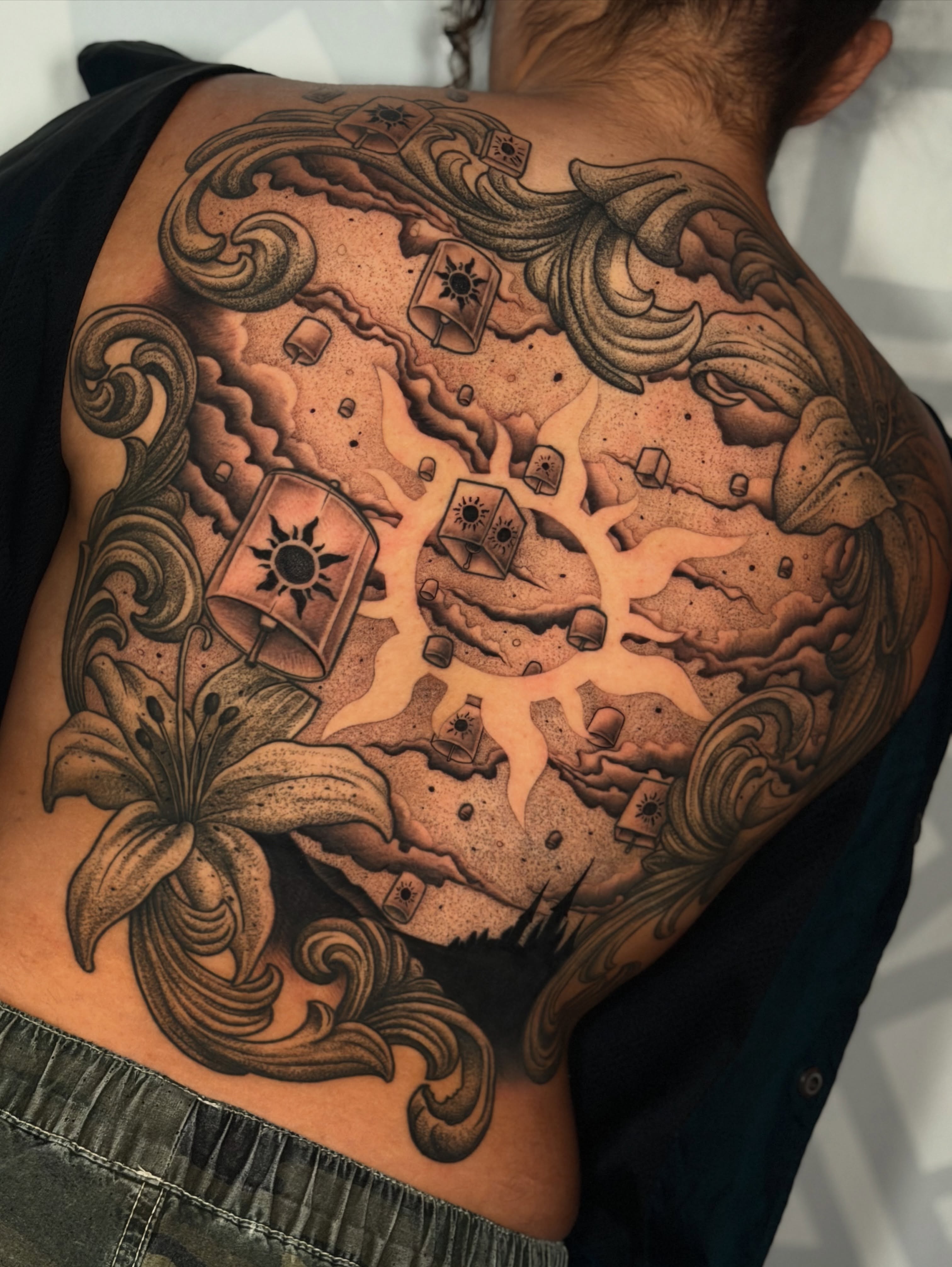 Map with lanterns geometric tattoo on the back by Las Vegas Tattoo Artist