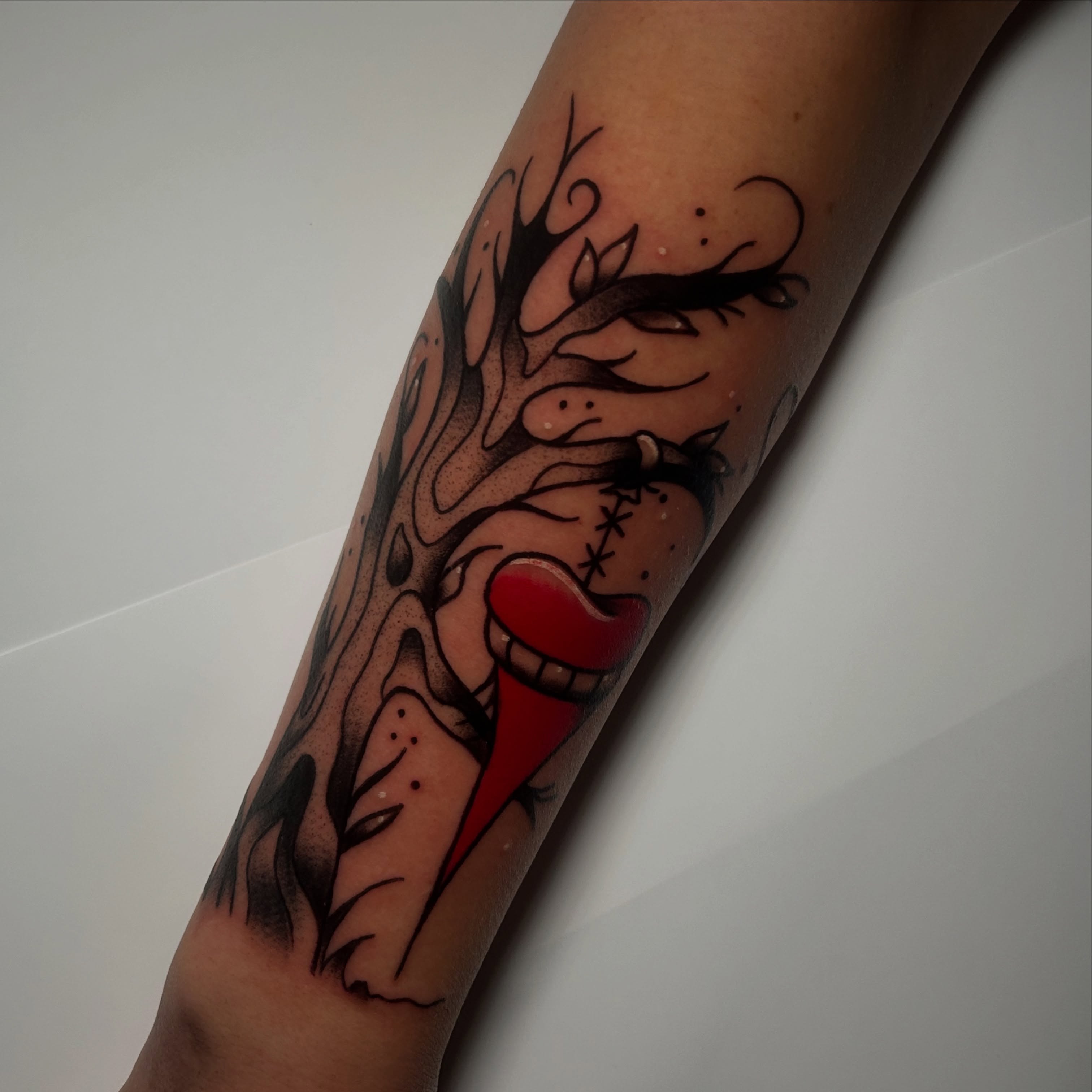 Heart with tree dotwork tattoo on the forearm by Cat ツ
