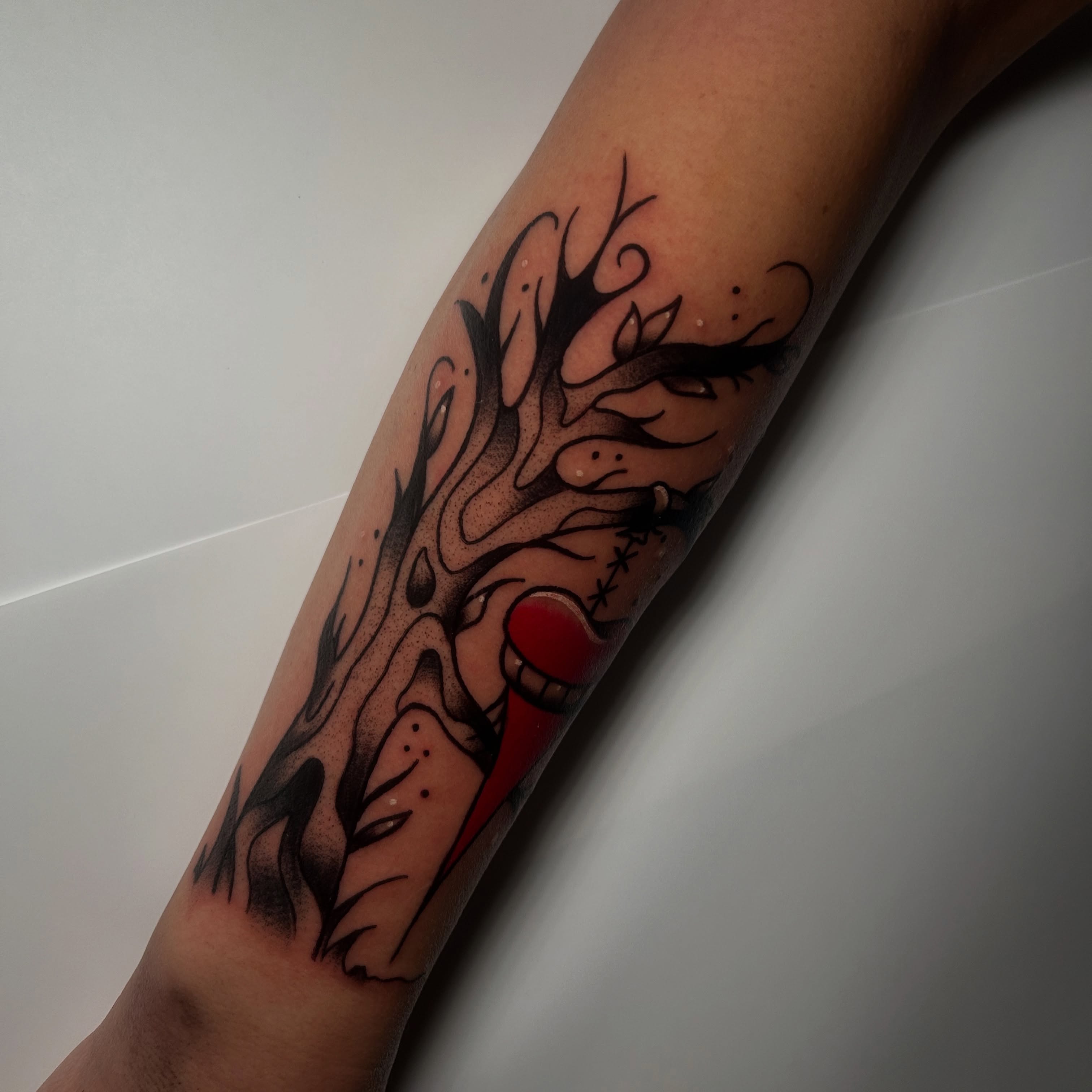Tattoo by @tradcattats — dotwork, black_and_grey