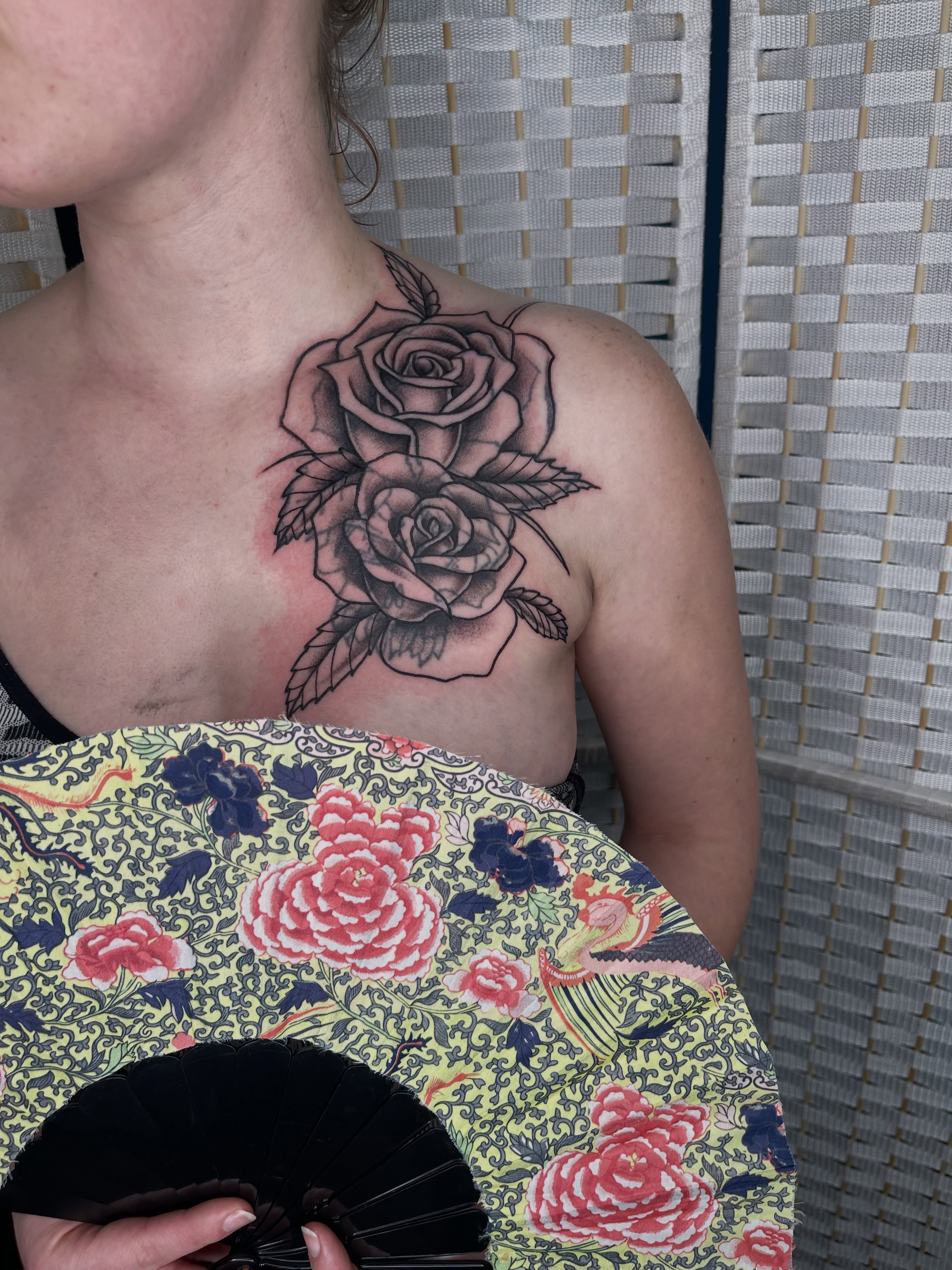 Roses black and grey tattoo on the shoulder by Allison Gallagher