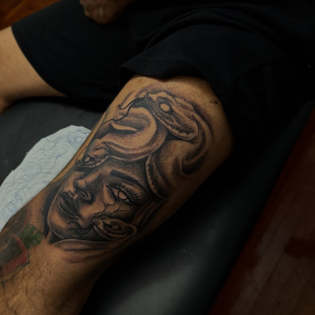 Mask realism tattoo on the forearm by Lamb, Philadelphia, Pennsylvania