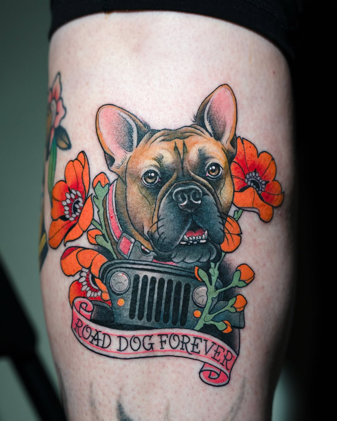 French bulldog realism tattoo on the thigh by Danny Pando