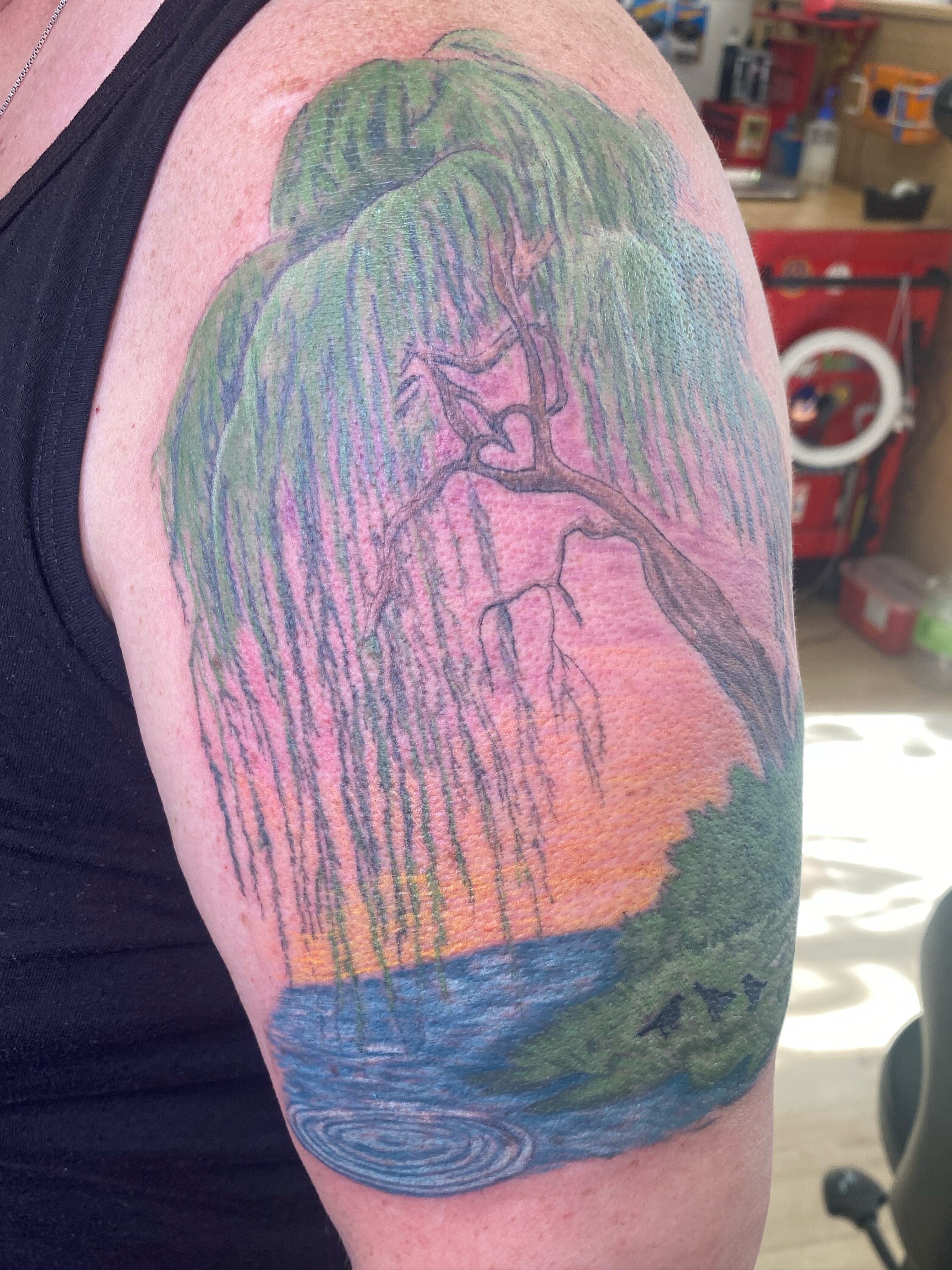 Weeping willow tree dotwork tattoo on the upper arm by Katie Leeper