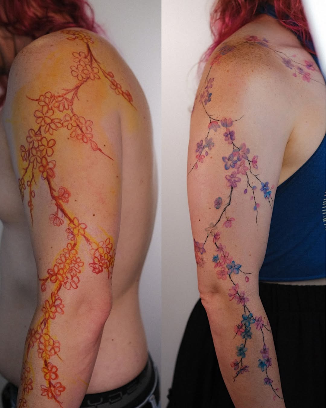 Cherry blossom branches watercolor tattoo on the upper arm by Temple Adorned Tattoo