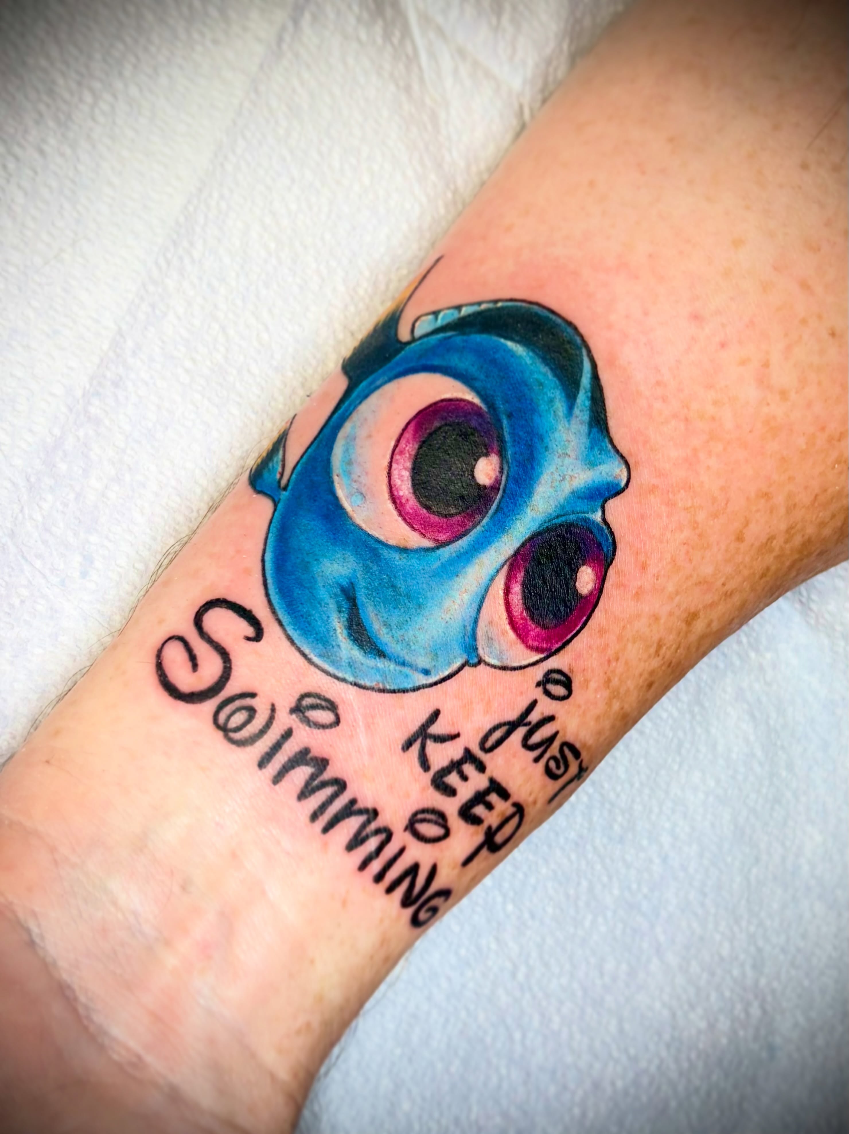 Finding Nemo character dotwork tattoo on the forearm by Ali Stanley, Virginia Beach, Virginia