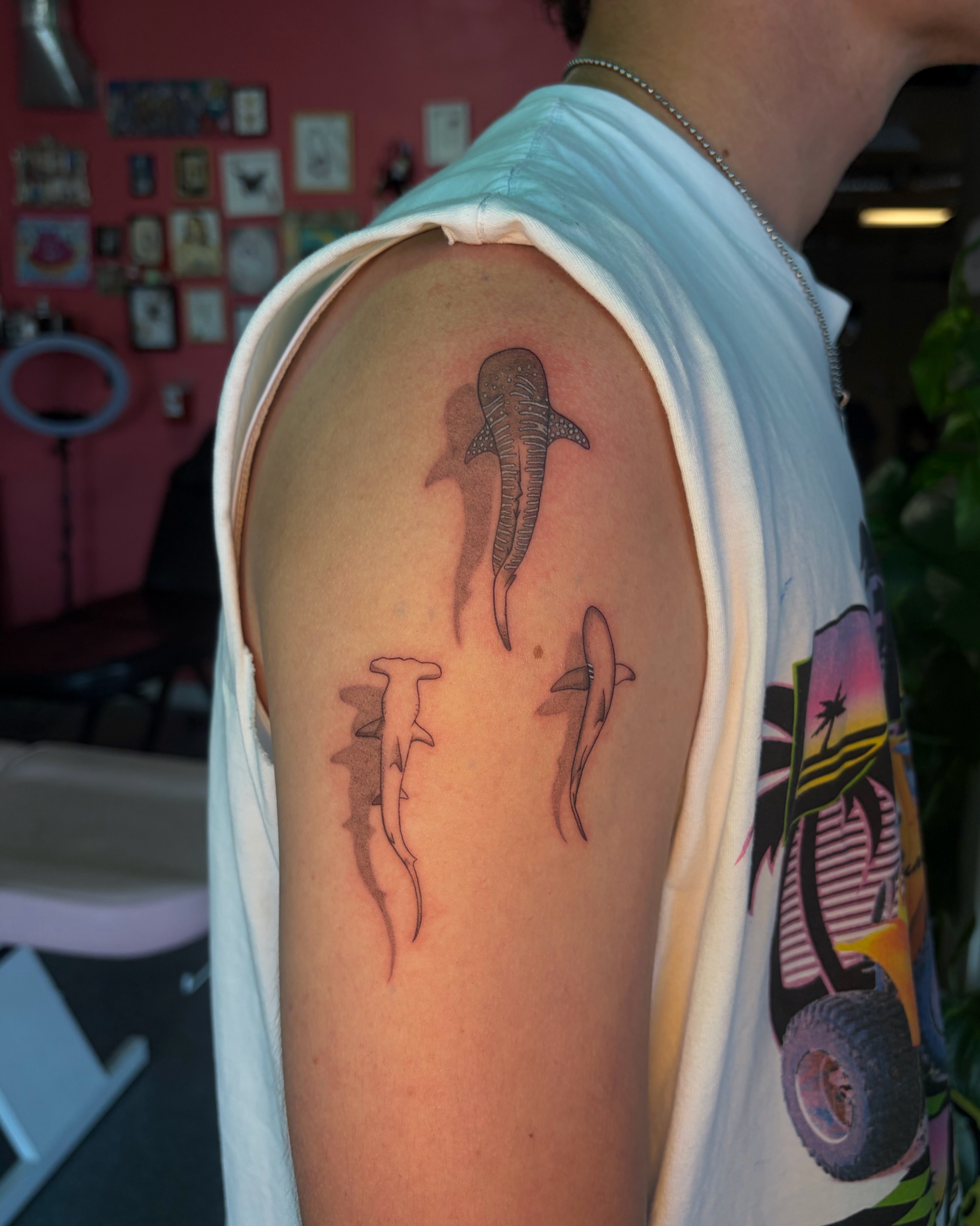 Sharks black and grey tattoo on the upper arm by Daniela