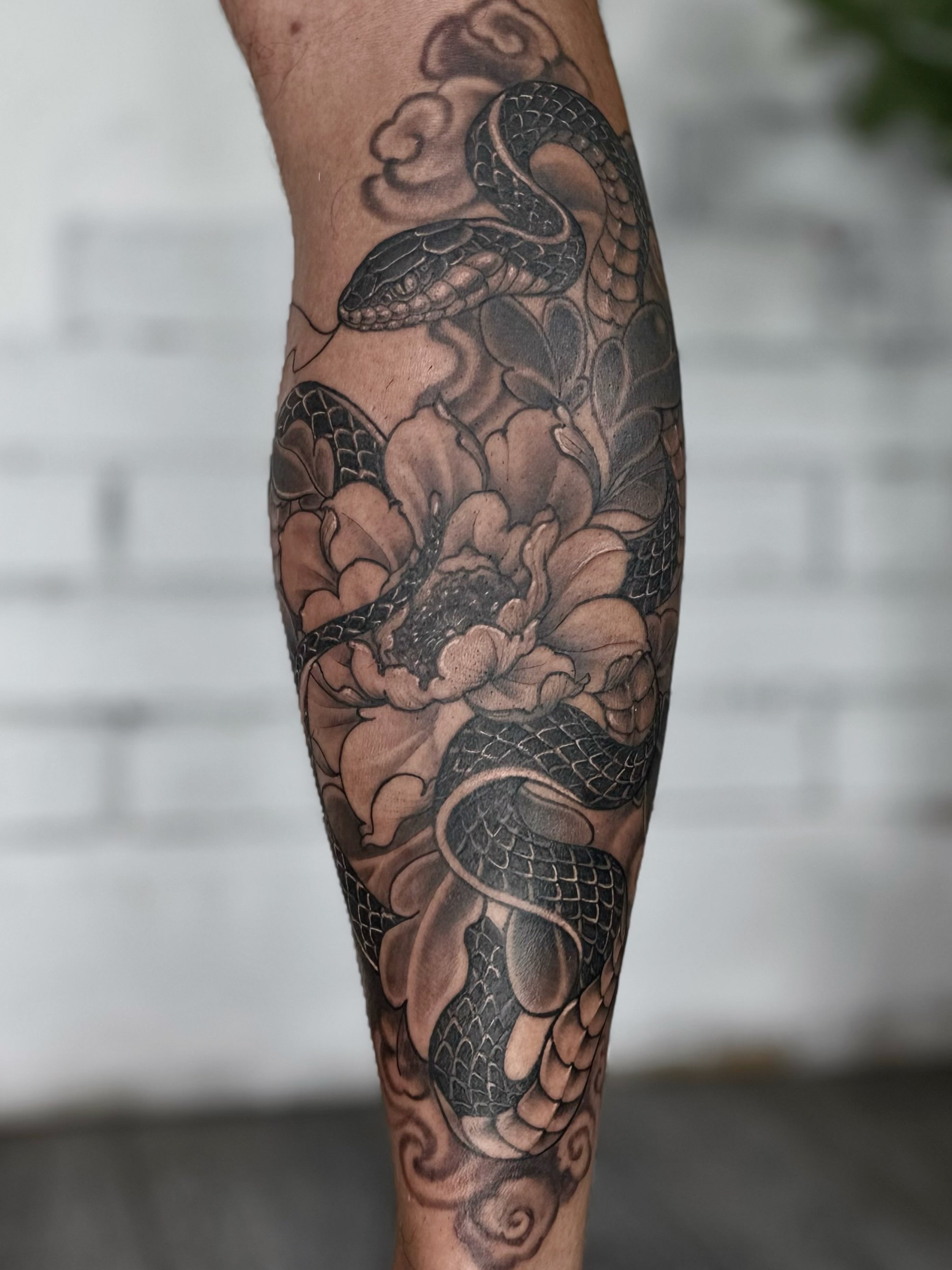 Snake and peony realism tattoo on the forearm by ๐๐๐๐ ๐๐๐๐๐๐ ๐๐๐๐๐