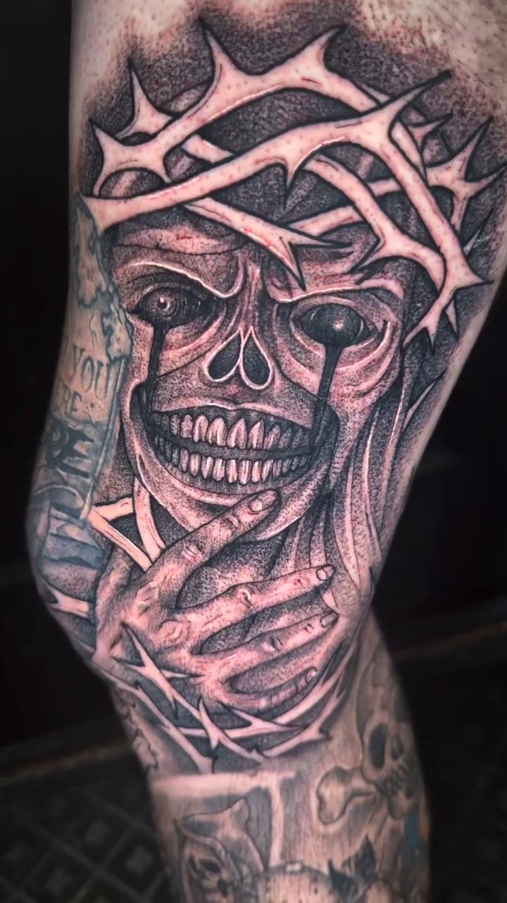 Skull with crown of thorns dark realism tattoo by Alex Wheelock