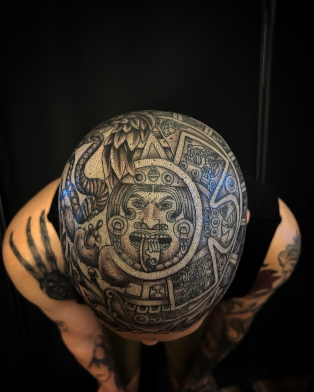 Ancient deity geometric tattoo on the head by Iraymi Beltran