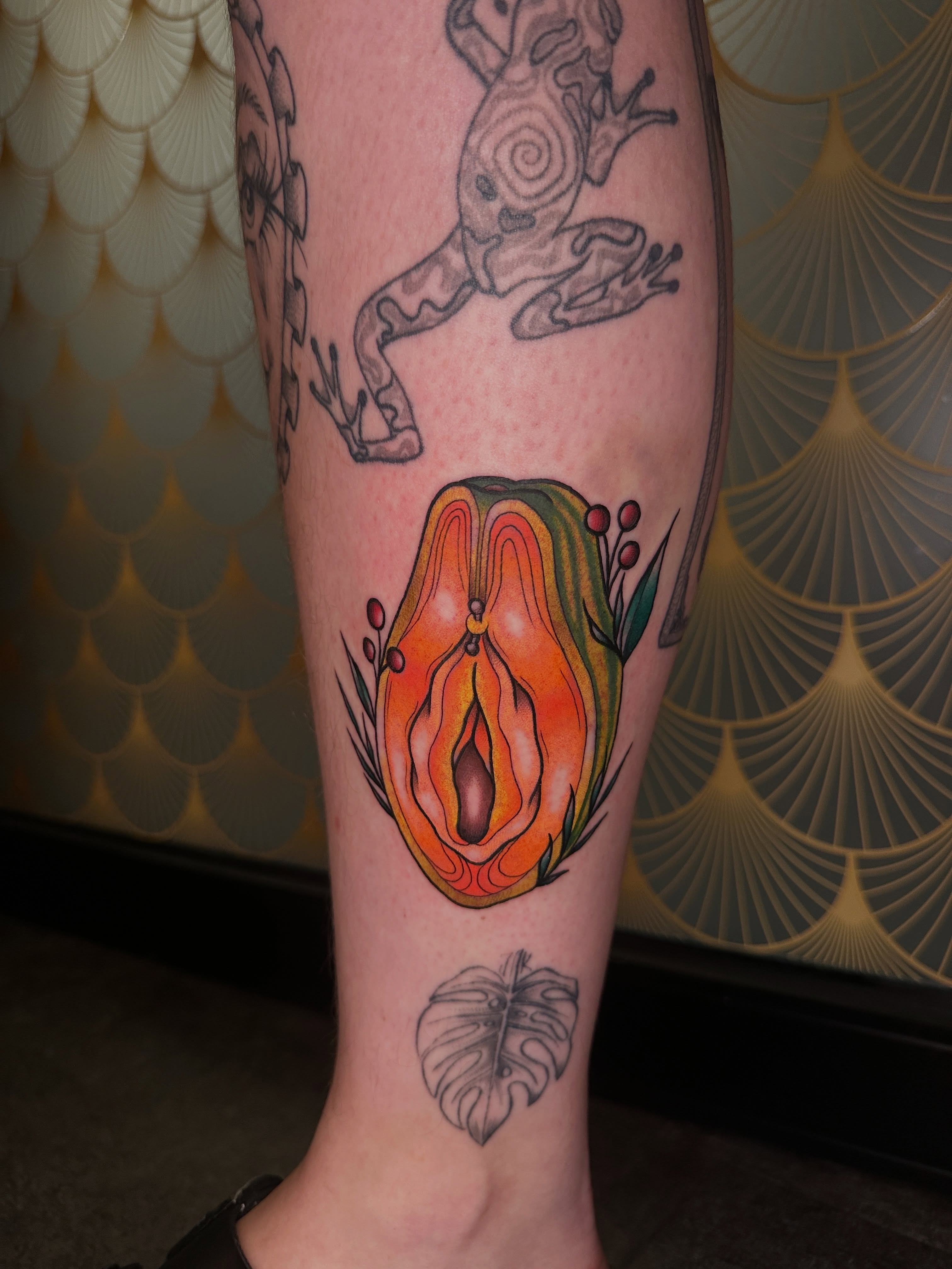 Papaya realism tattoo on the calf by ⊹₊⟡⋆ 𝕵𝖔𝖎𝖊 ⊹₊⟡⋆