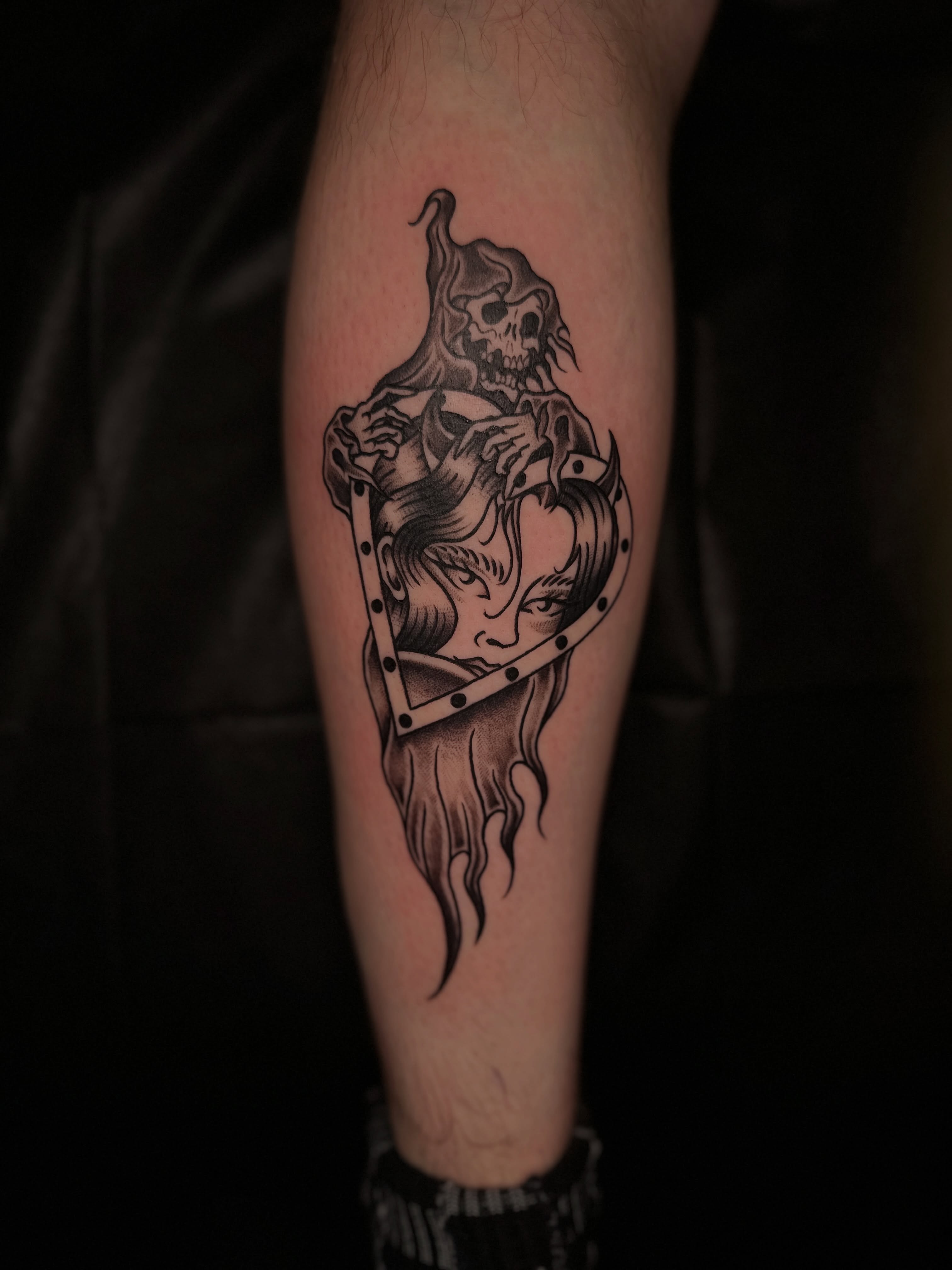 Skull and woman geometric tattoo on the forearm by ⊹₊⟡⋆ 𝕵𝖔𝖎𝖊 ⊹₊⟡⋆