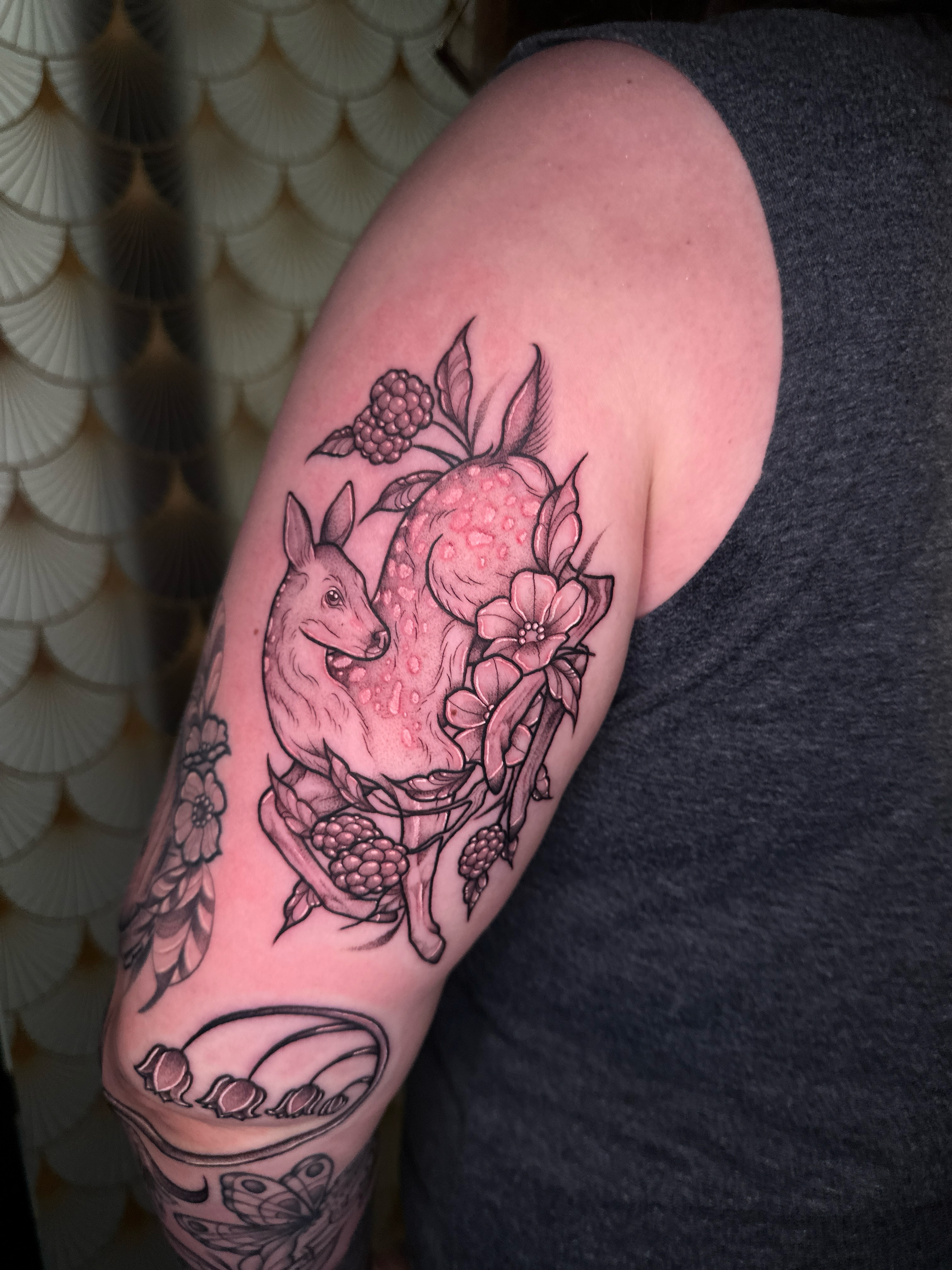 Fox and fruit black and grey tattoo on the forearm by ⊹₊⟡⋆ 𝕵𝖔𝖎𝖊 ⊹₊⟡⋆