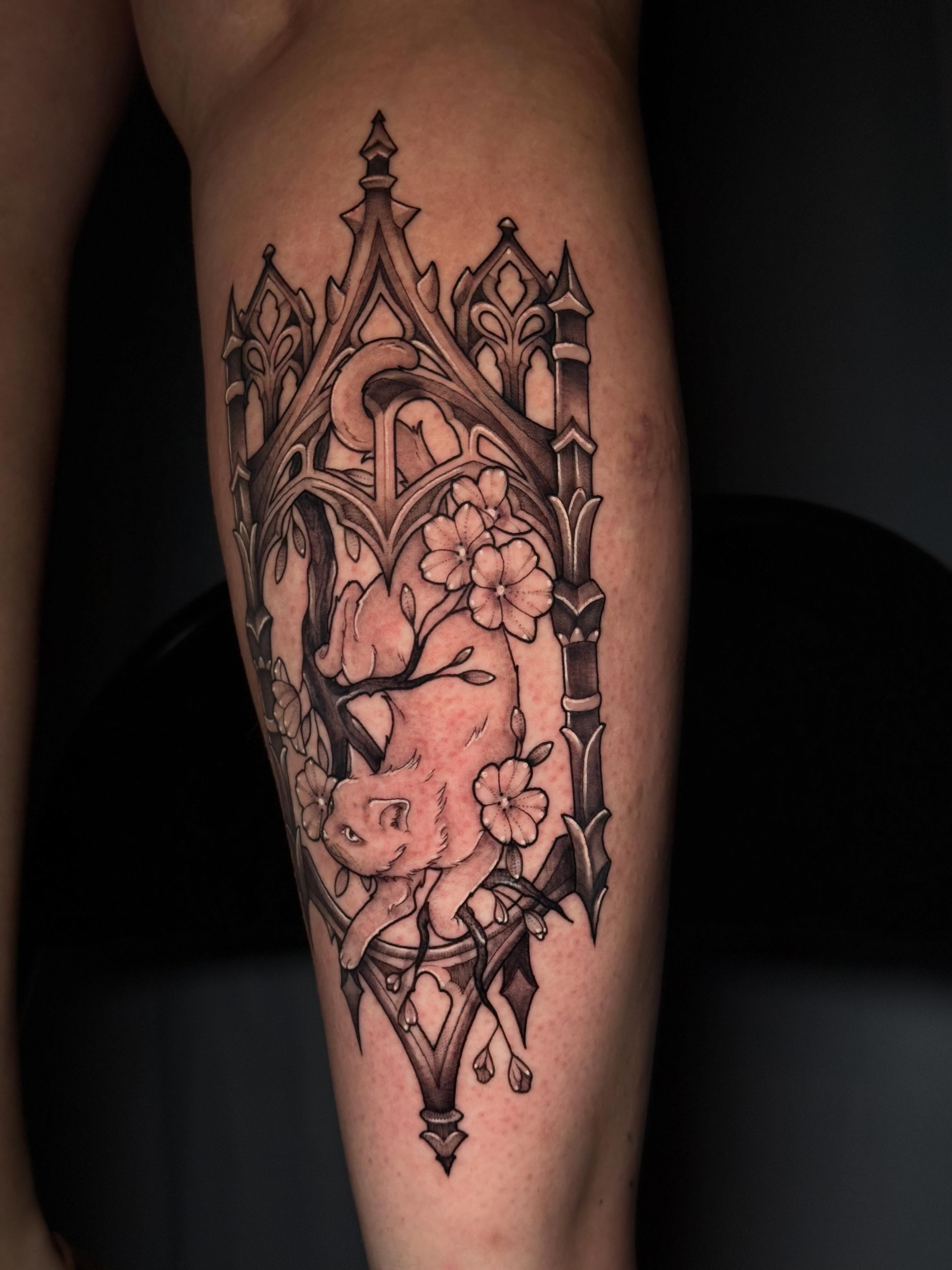 Gothic archway with cat geometric tattoo on the forearm by Andreanna Rosemarie Gabranidis, Pennsauken, New Jersey