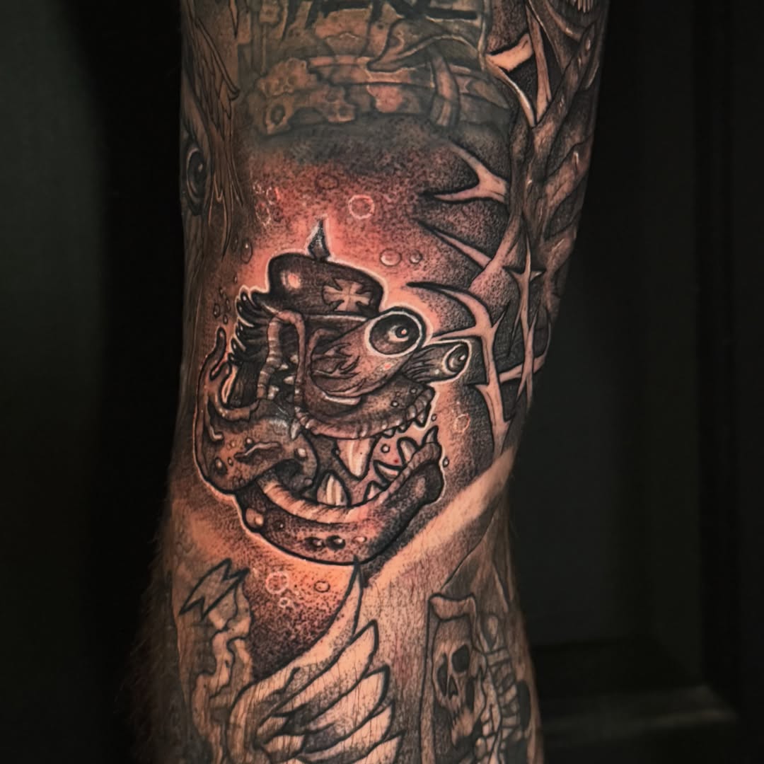 Steam-punk creature dotwork tattoo on the forearm by Alex Wheelock