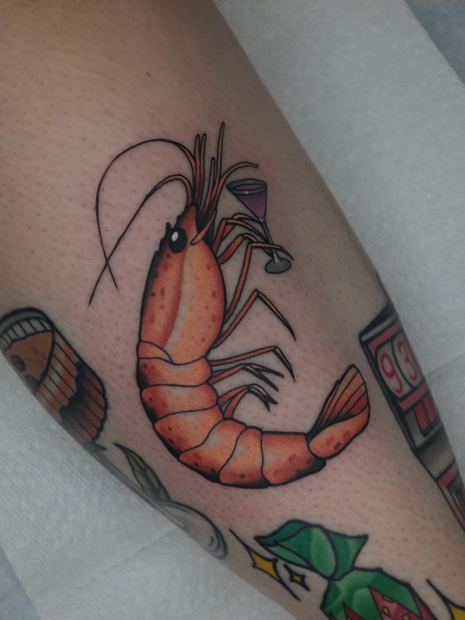 Prawn American traditional tattoo on the forearm by James Maxwell