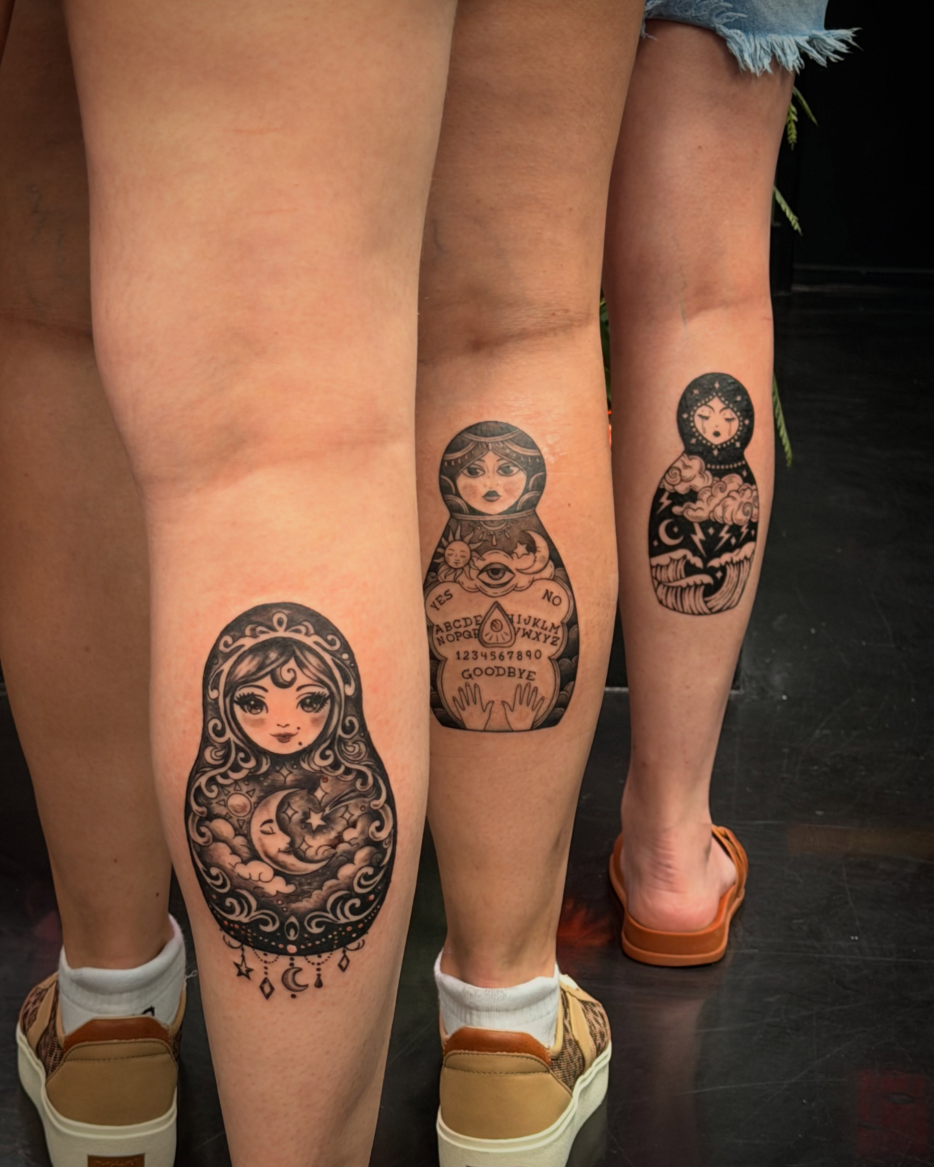 Matryoshka dolls black and grey tattoo on the leg by Blair The Artist!