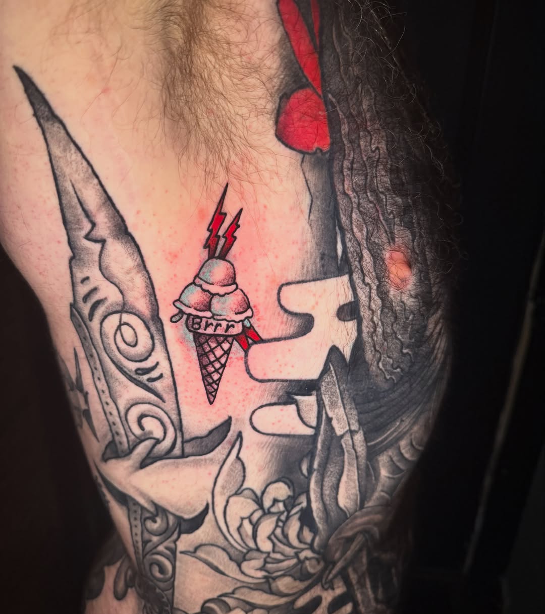 Ice cream cone American traditional tattoo on the thigh by Alex Wheelock