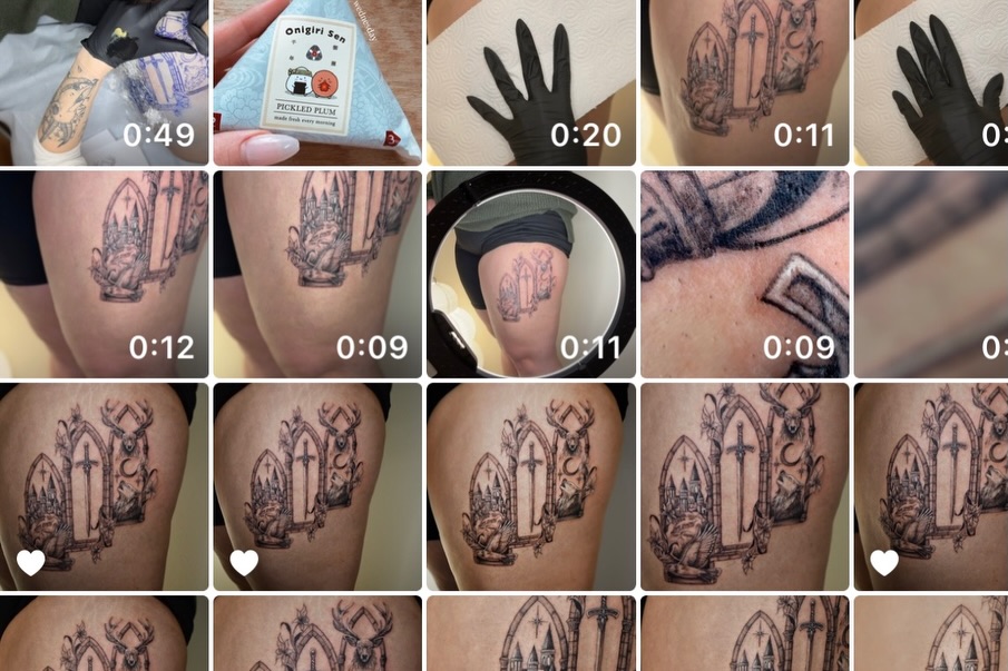 Gothic window black and grey tattoo on the thigh by 𝐇𝐚𝐫𝐩𝐞𝐫