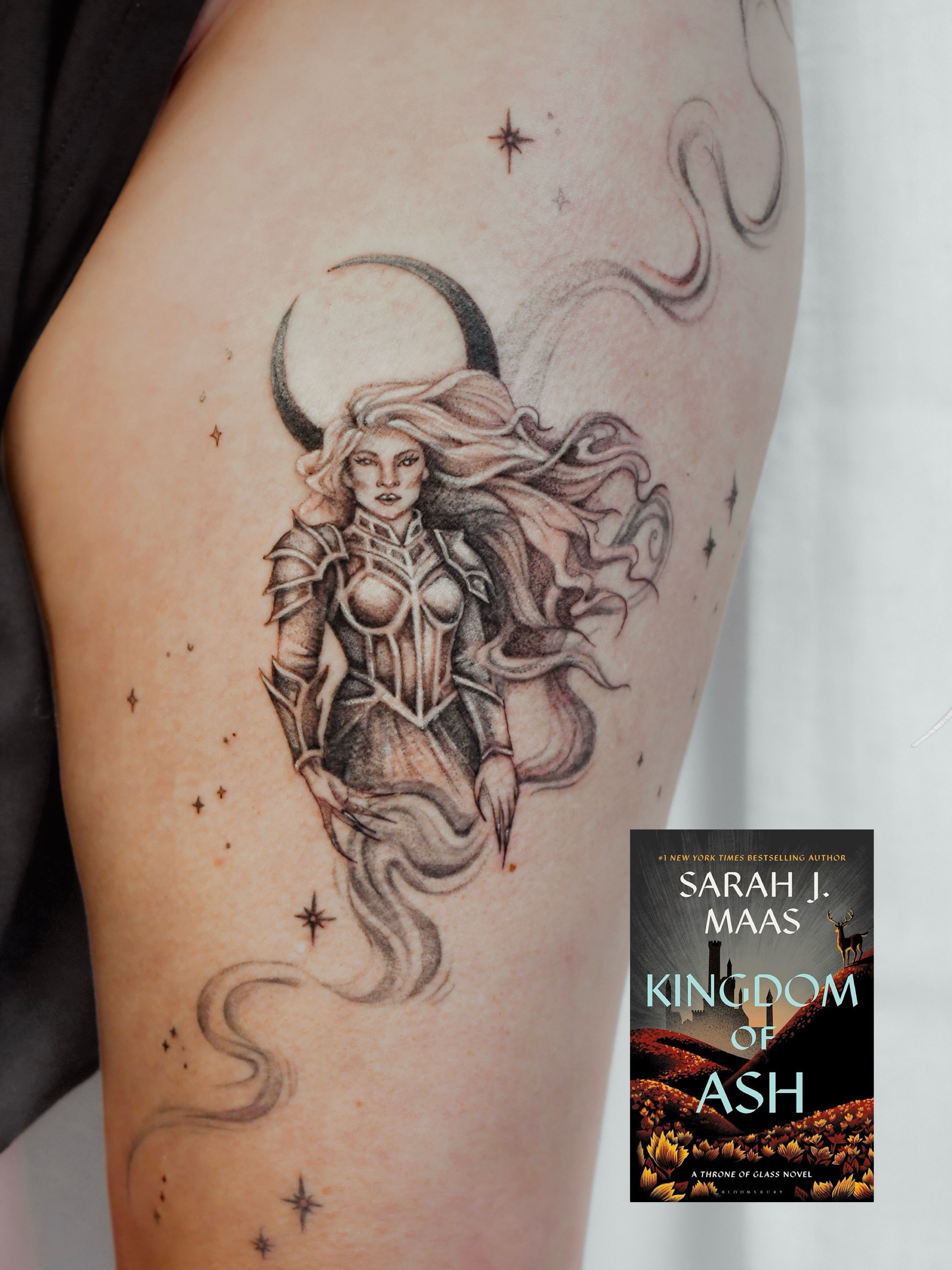 Female warrior realism tattoo on the thigh by 𝐇𝐚𝐫𝐩𝐞𝐫