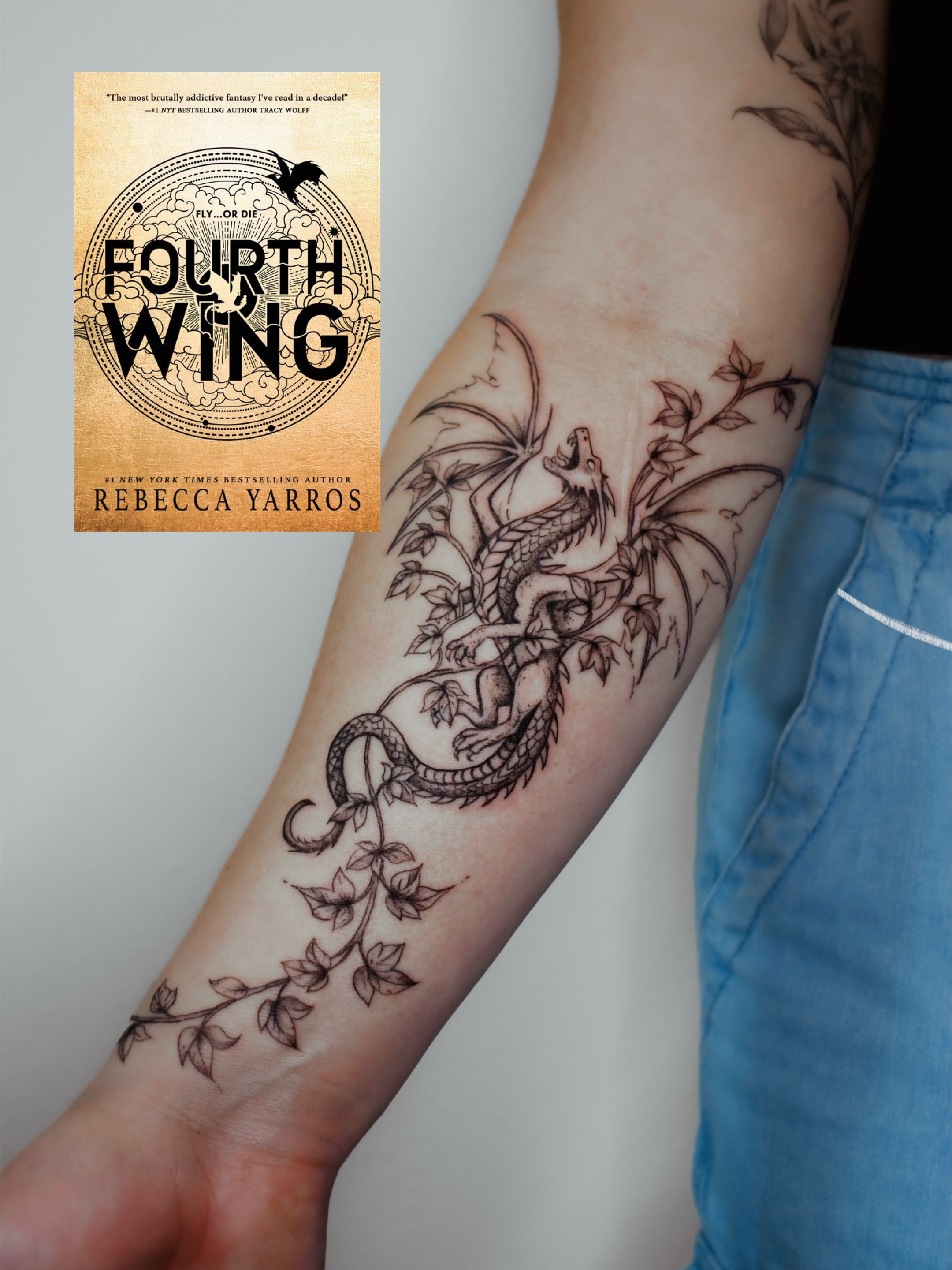 Dragon and leaves black and grey tattoo on the forearm by 𝐇𝐚𝐫𝐩𝐞𝐫