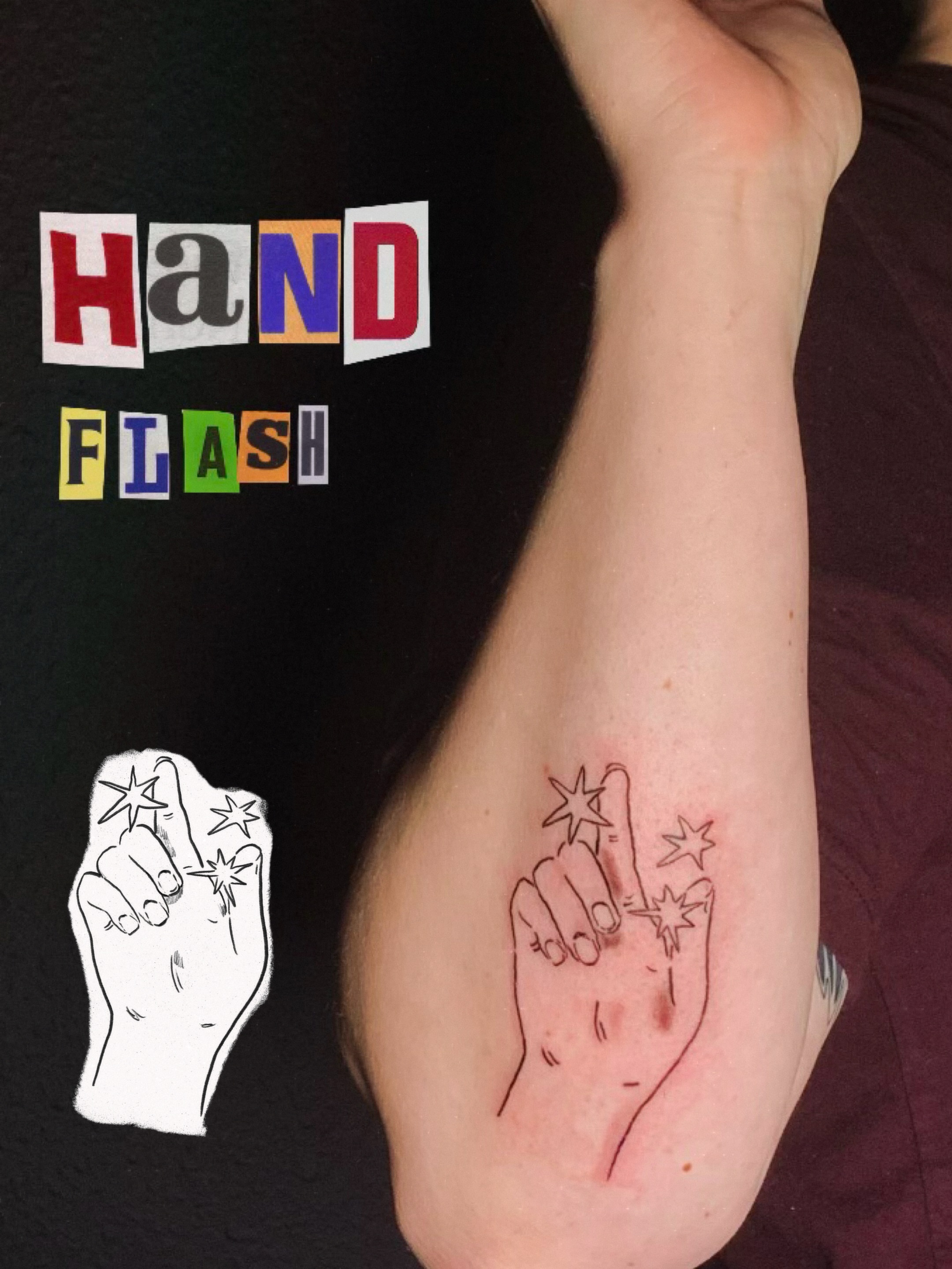 Hand gesture with stars fine line tattoo on the forearm by charles