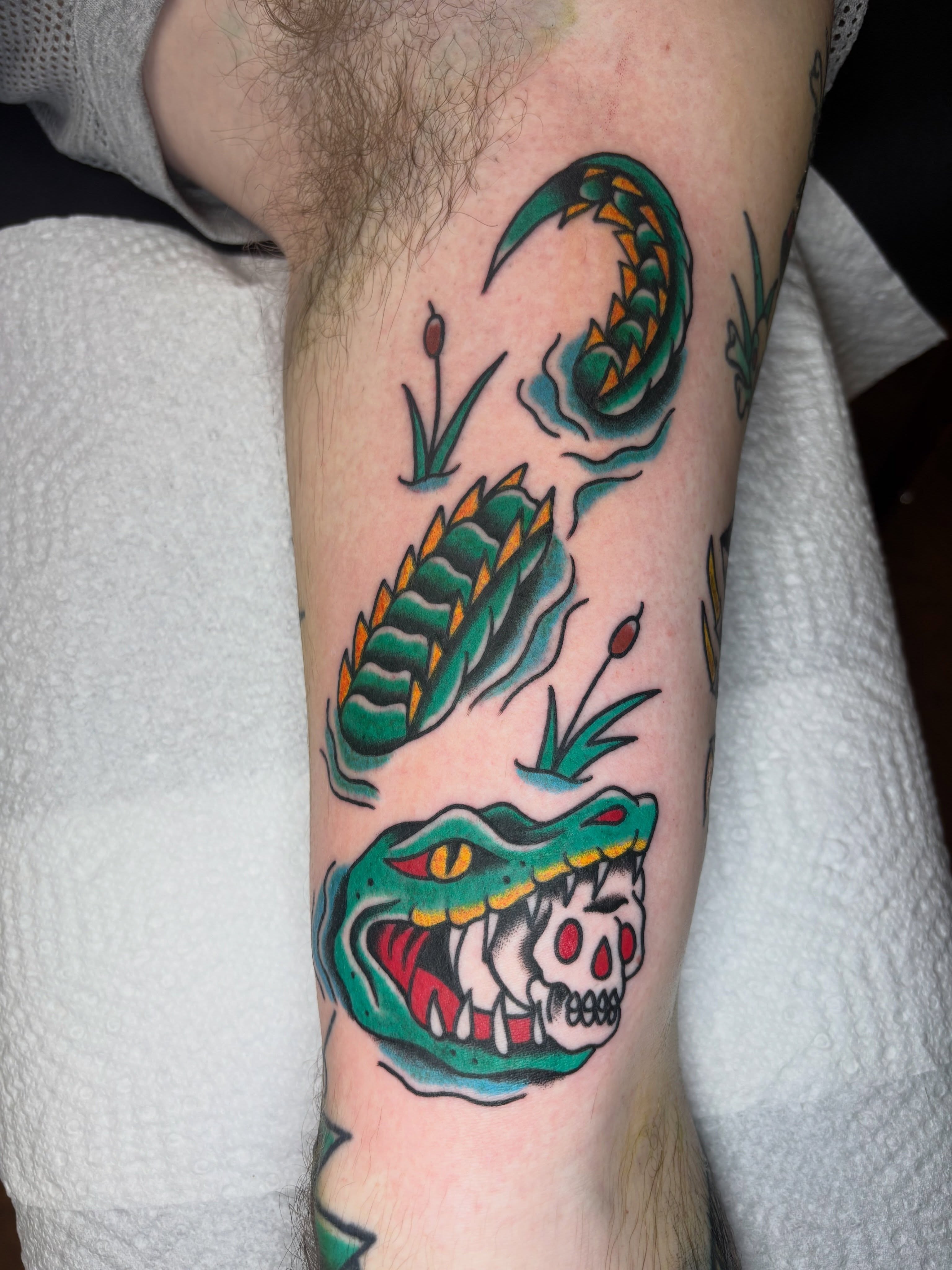 Crocodile American traditional tattoo on the forearm by AARON MASTERS - Tattoo Artist