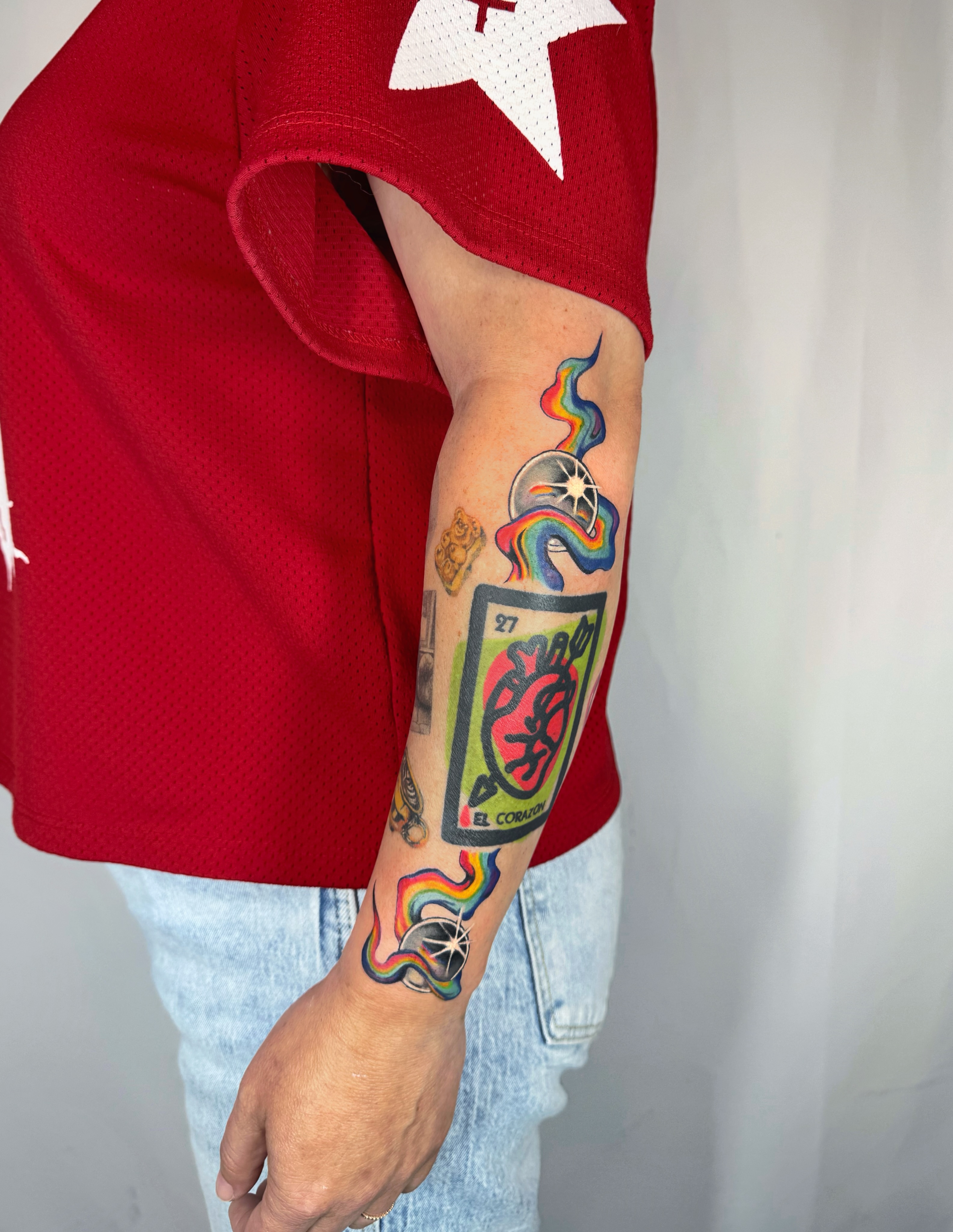Tarot card new school tattoo on the forearm by Franky A Bonifacio, Seattle, Washington