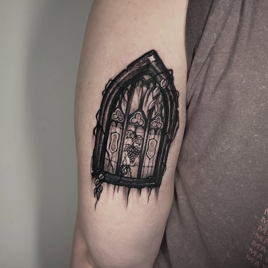 Gothic window realism tattoo on the forearm by Brandon Durbin