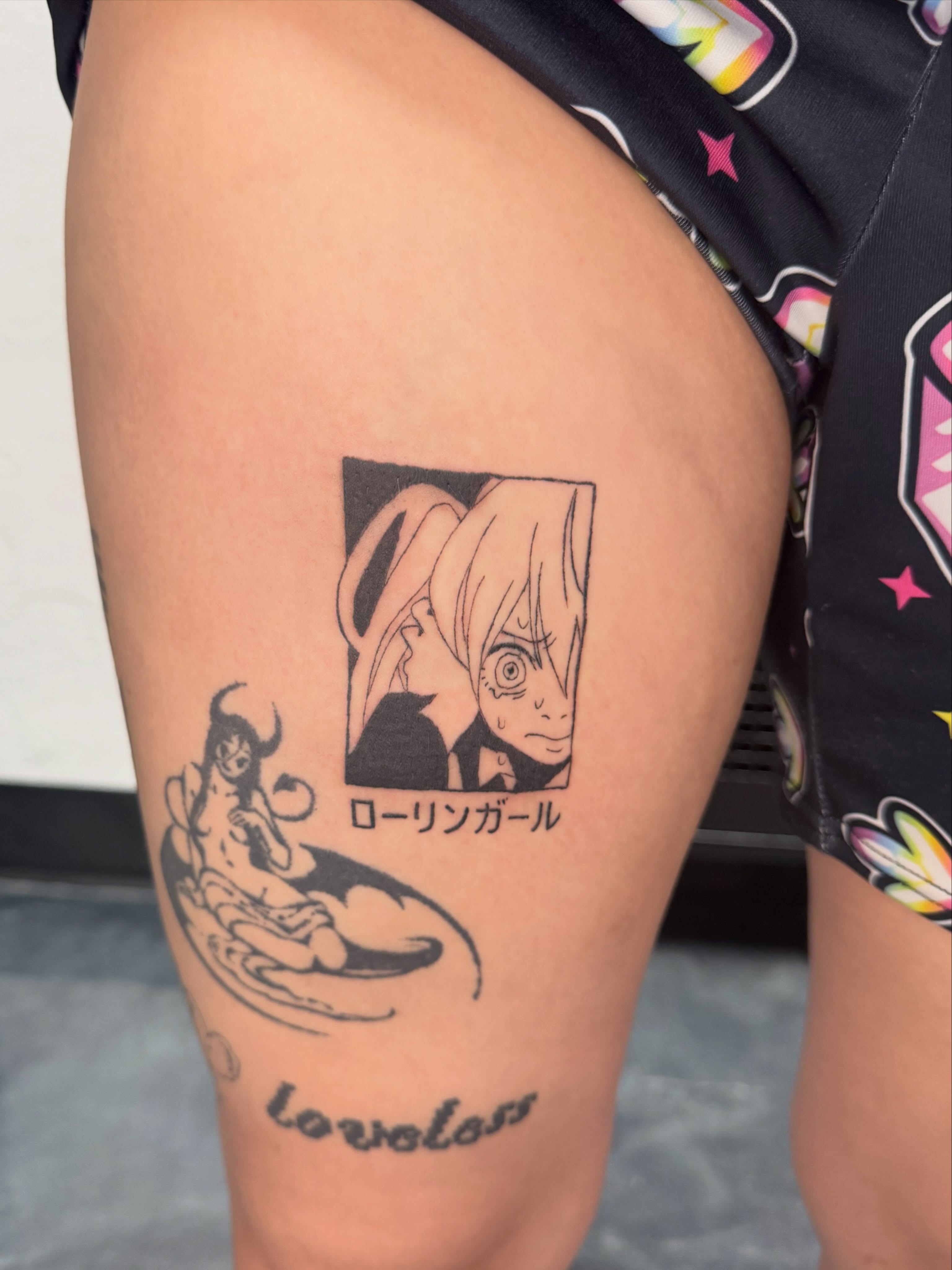 Anime character anime tattoo on the thigh by Bunny 🐰