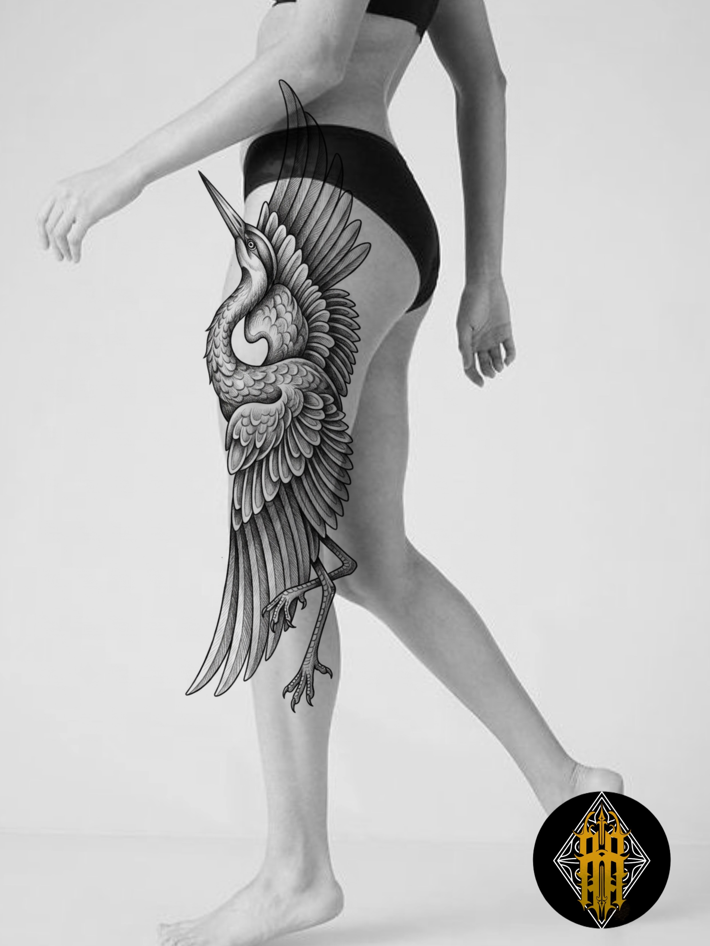 Heron black and grey tattoo on the leg by Rafael Alfredo Armas Hoyos, Salt Lake City, Utah