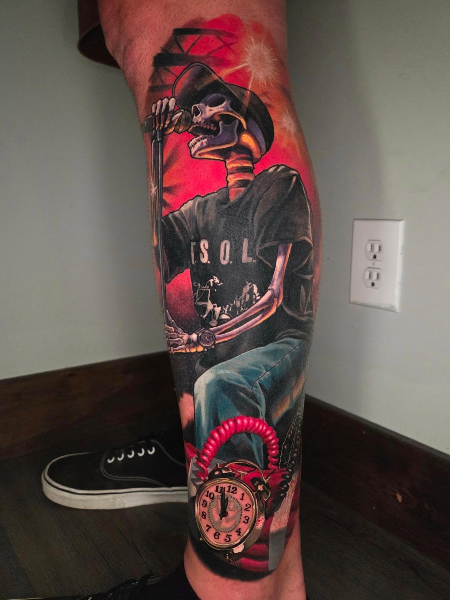Skeleton biker realism tattoo on the calf by Preston