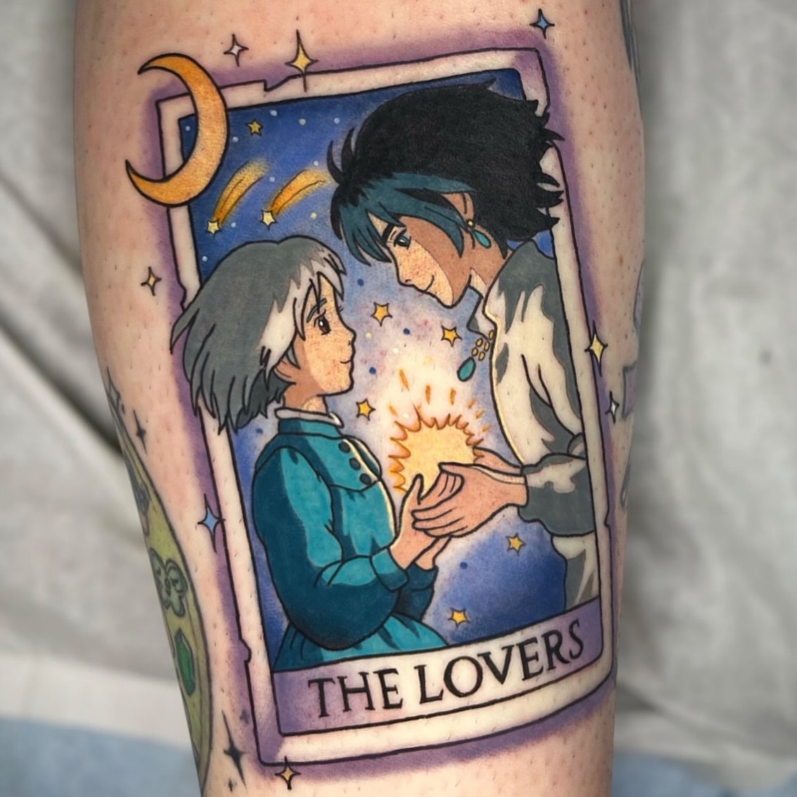 The Lovers tarot card anime tattoo on the forearm by Nicole Skalski