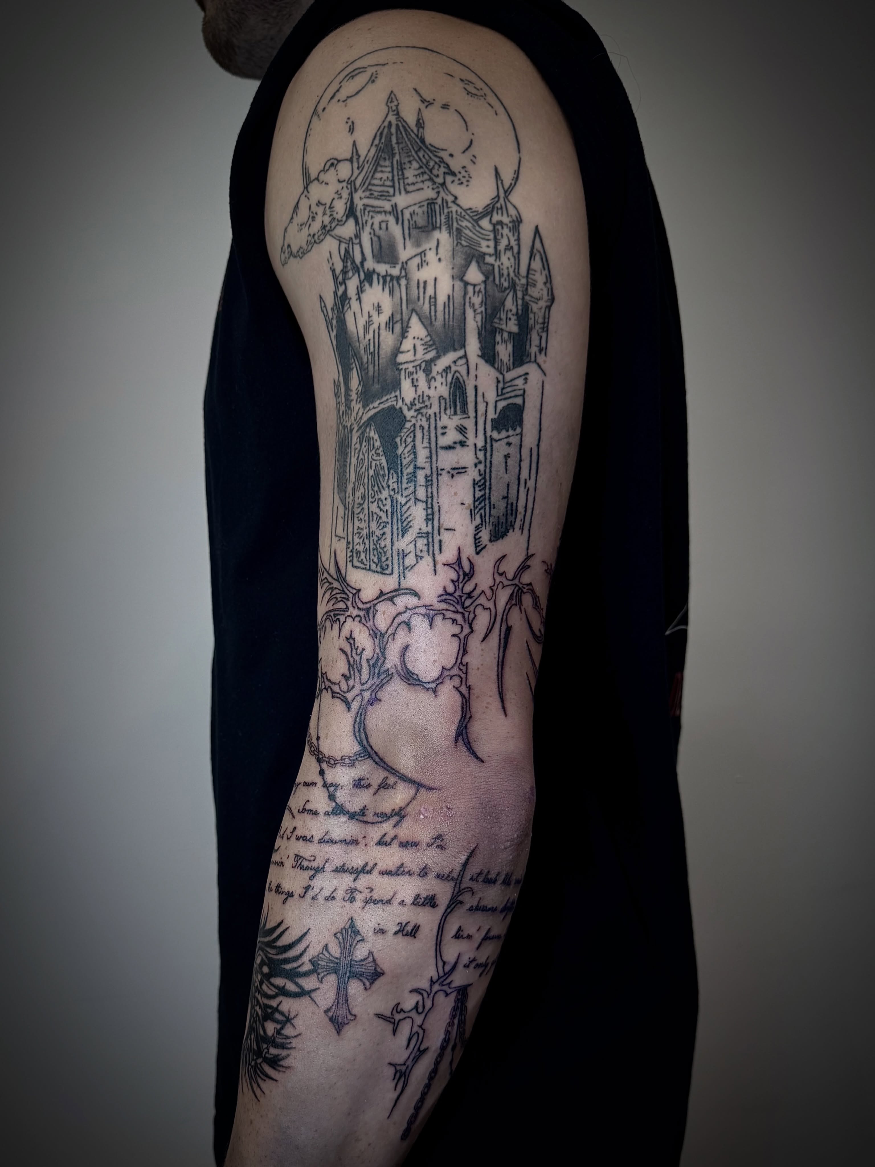 Castle and heart realism tattoo on the forearm by dev